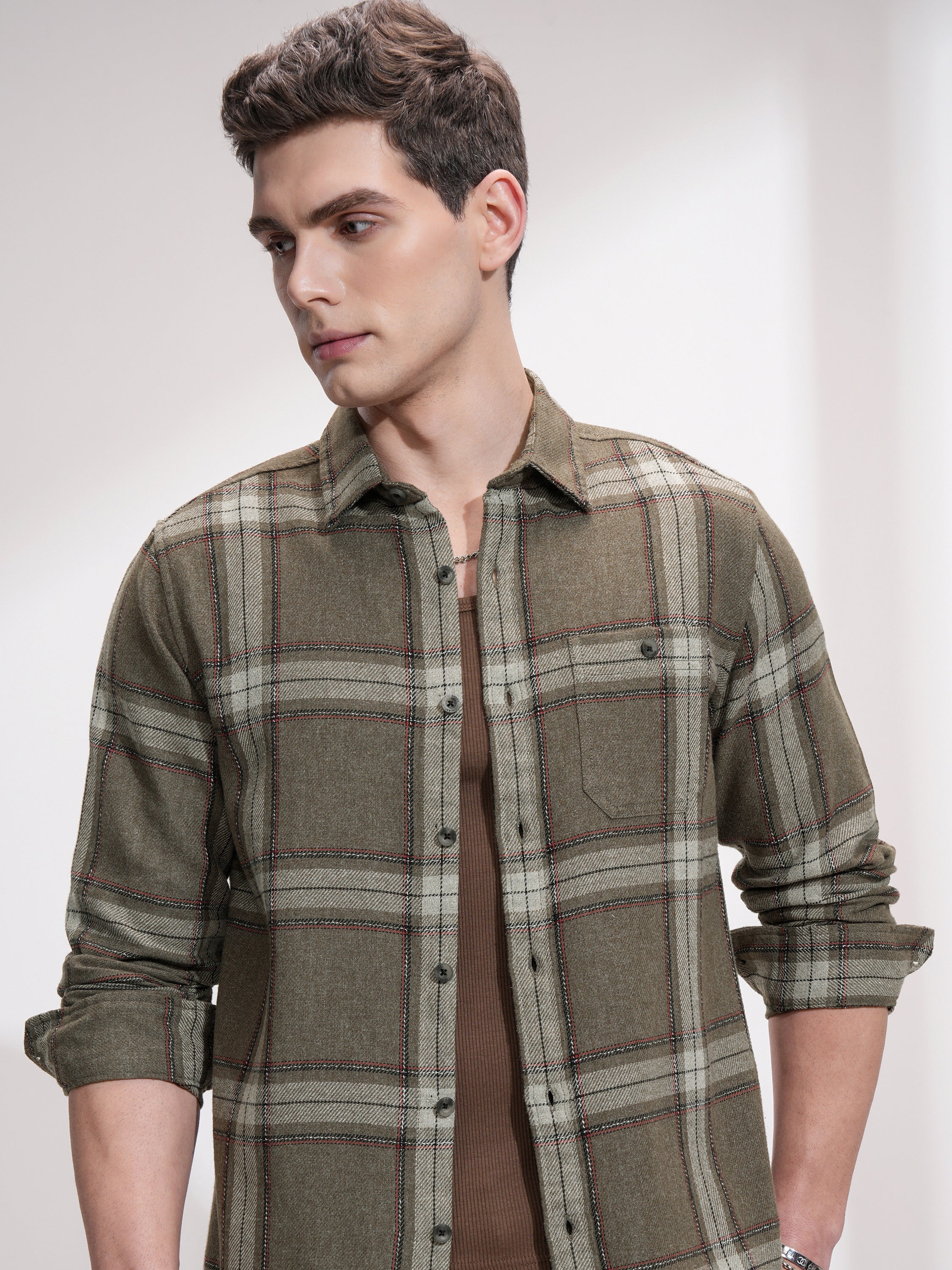Highlander Men Olive Checked Slim Fit Casual Shirt - Olive - Image 1