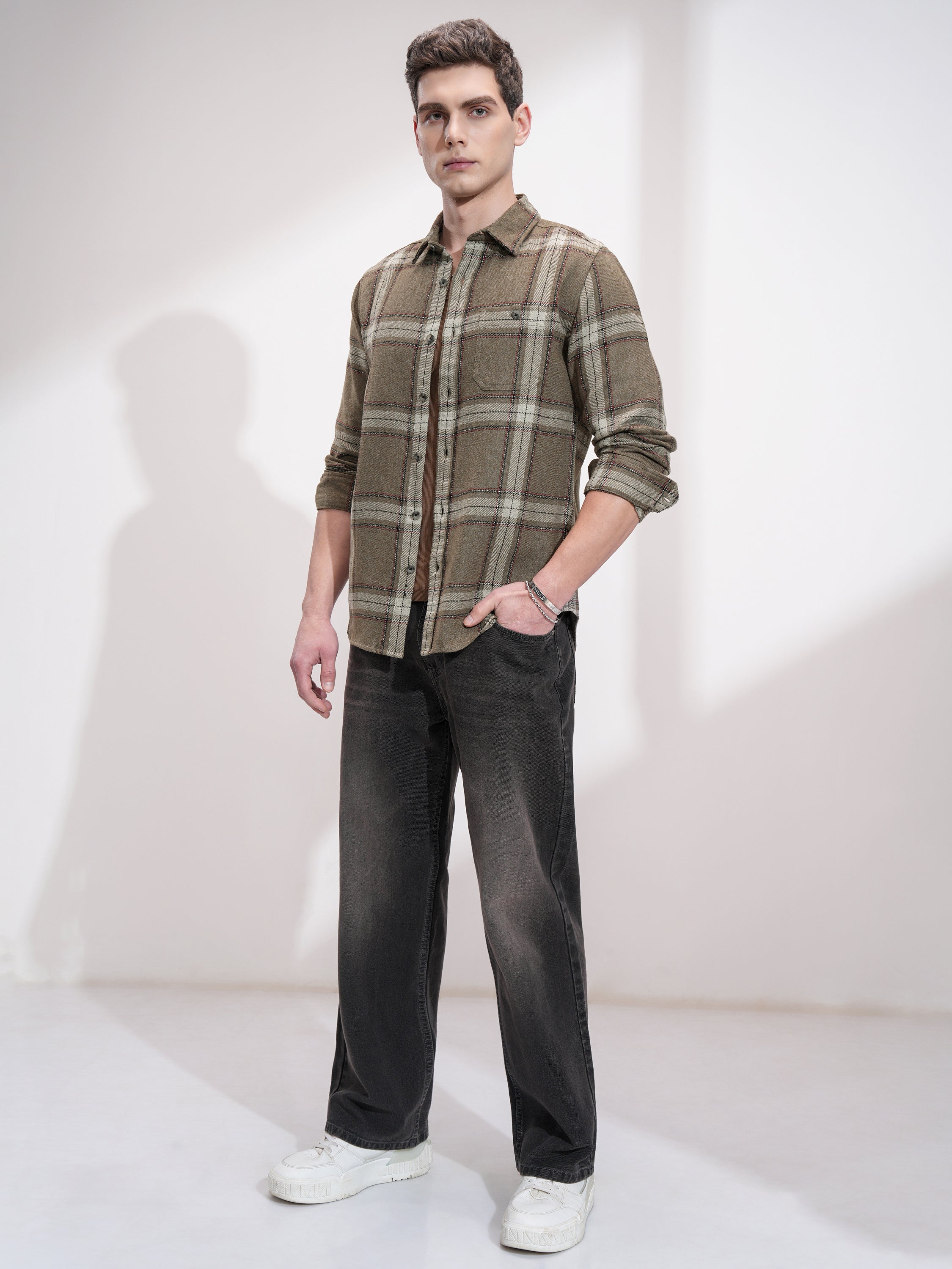 Highlander Men Olive Checked Slim Fit Casual Shirt - Olive - Image 2