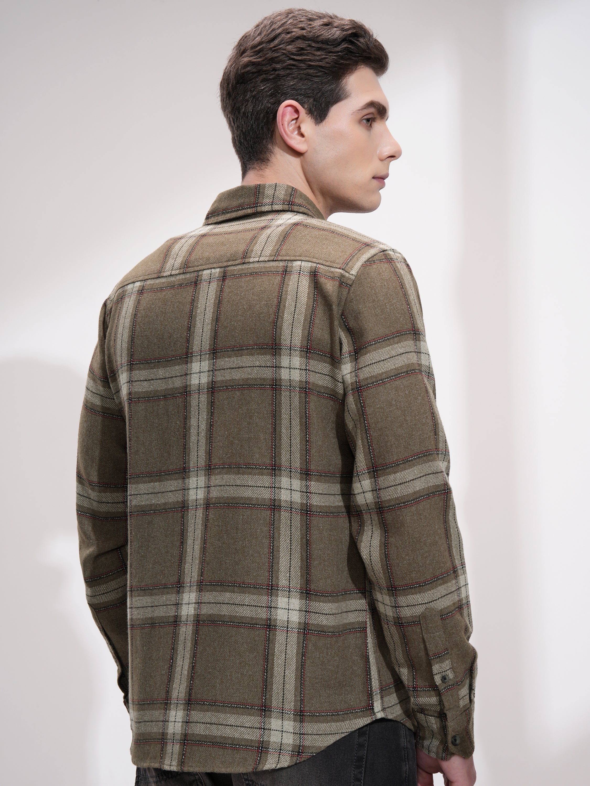 Highlander Men Olive Checked Slim Fit Casual Shirt - Olive - Image 3