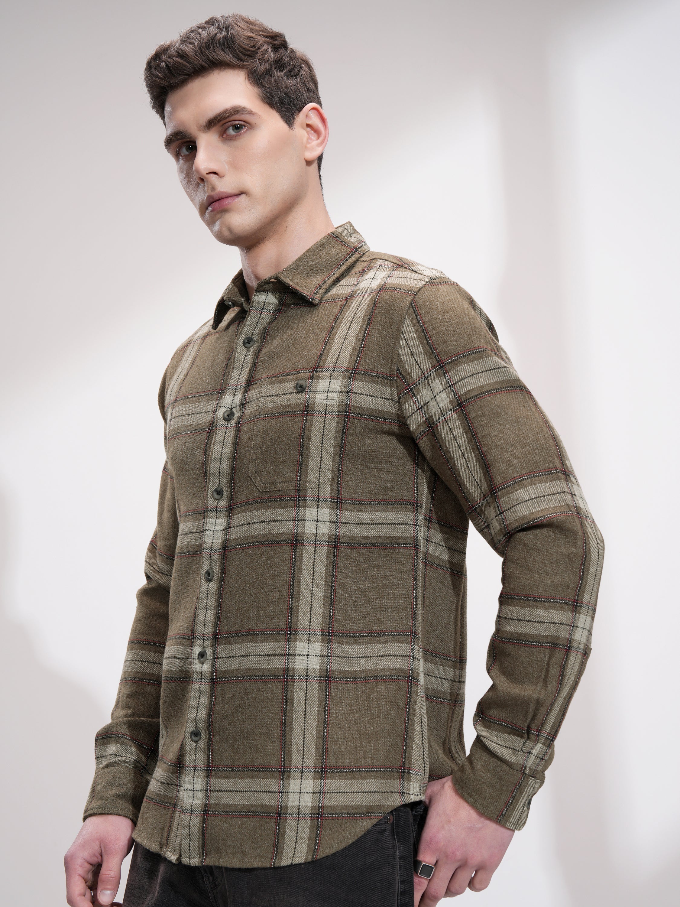 Highlander Men Olive Checked Slim Fit Casual Shirt - Olive - Image 4