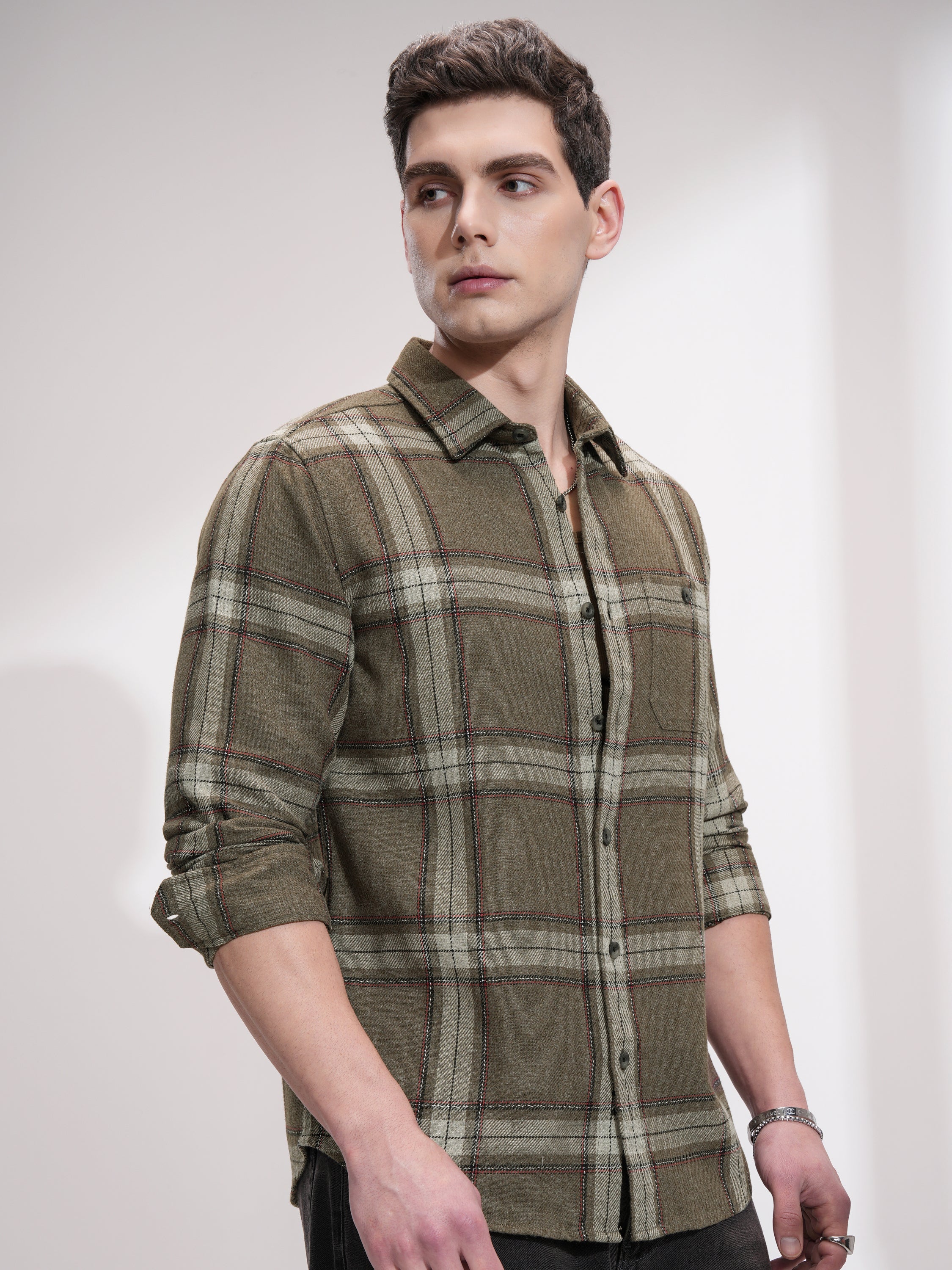 Highlander Men Olive Checked Slim Fit Casual Shirt - Olive - Image 6