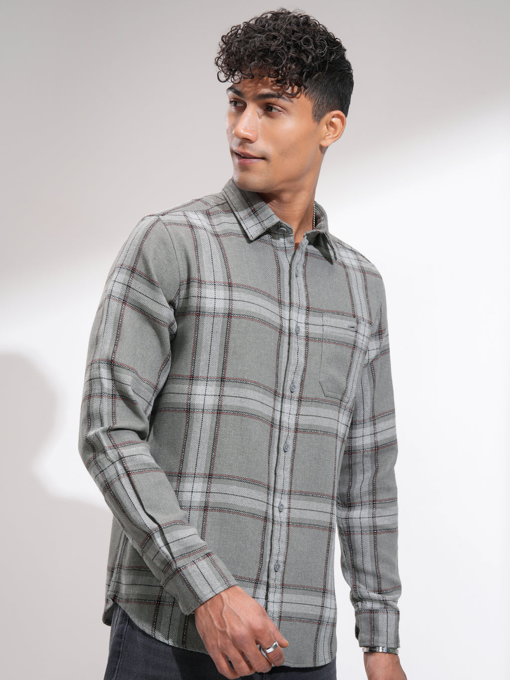 Highlander Men Grey Checked Slim Fit Casual Shirt - Grey - Image 6