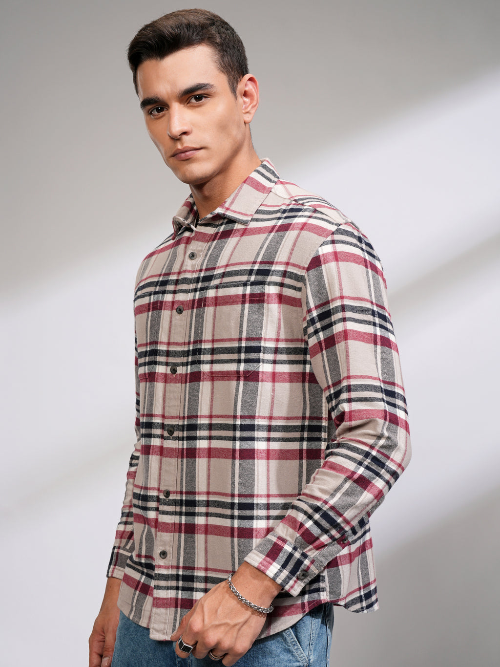 Highlander Men Beige Checked Relaxed Fit Casual Shirt - Beige - Image 4