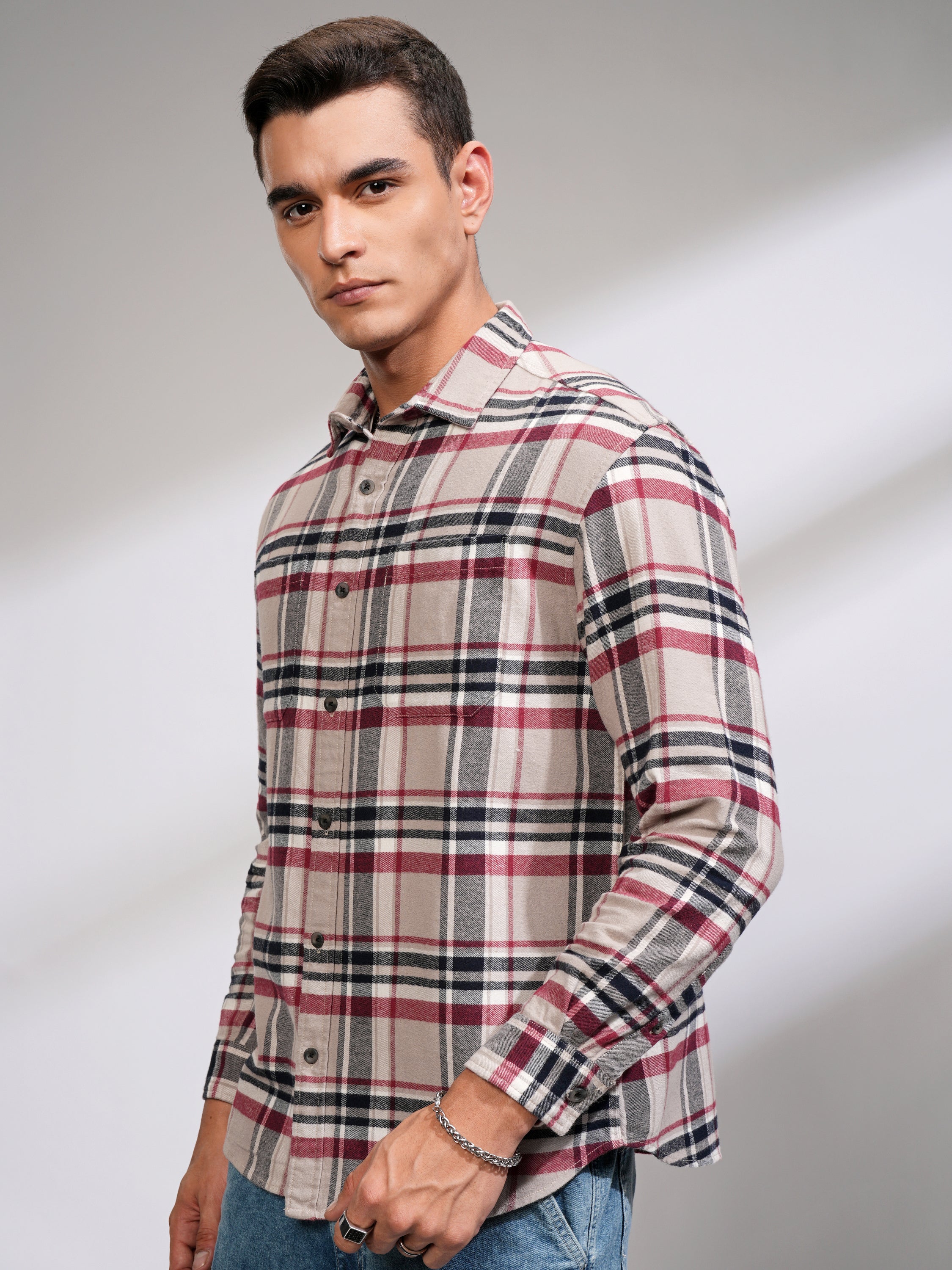 Highlander Men Beige Checked Relaxed Fit Casual Shirt - Beige - Image 4