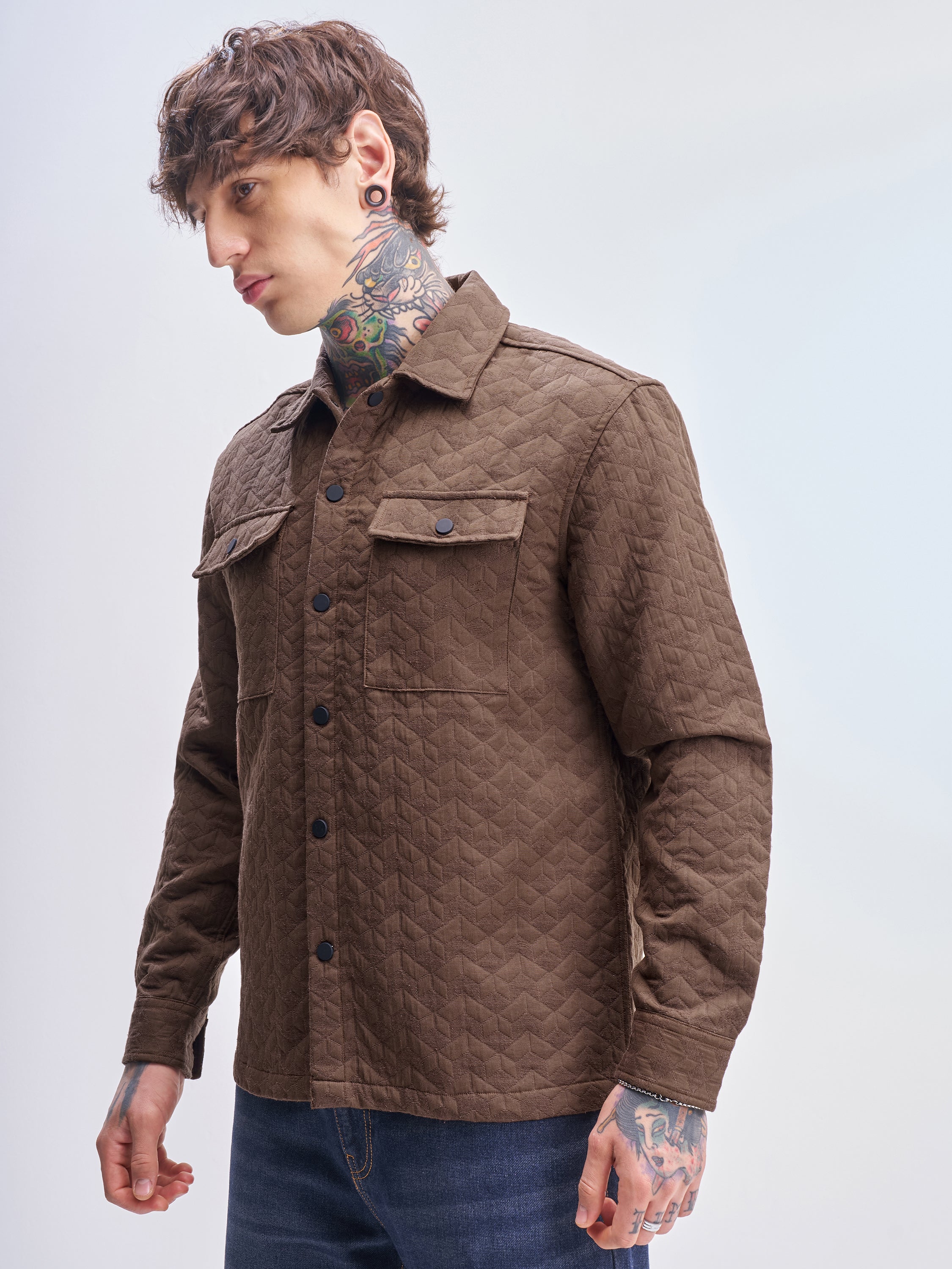 Highlander Men Brown Self Design Relaxed Fit Casual Shirt - Brown - Image 4