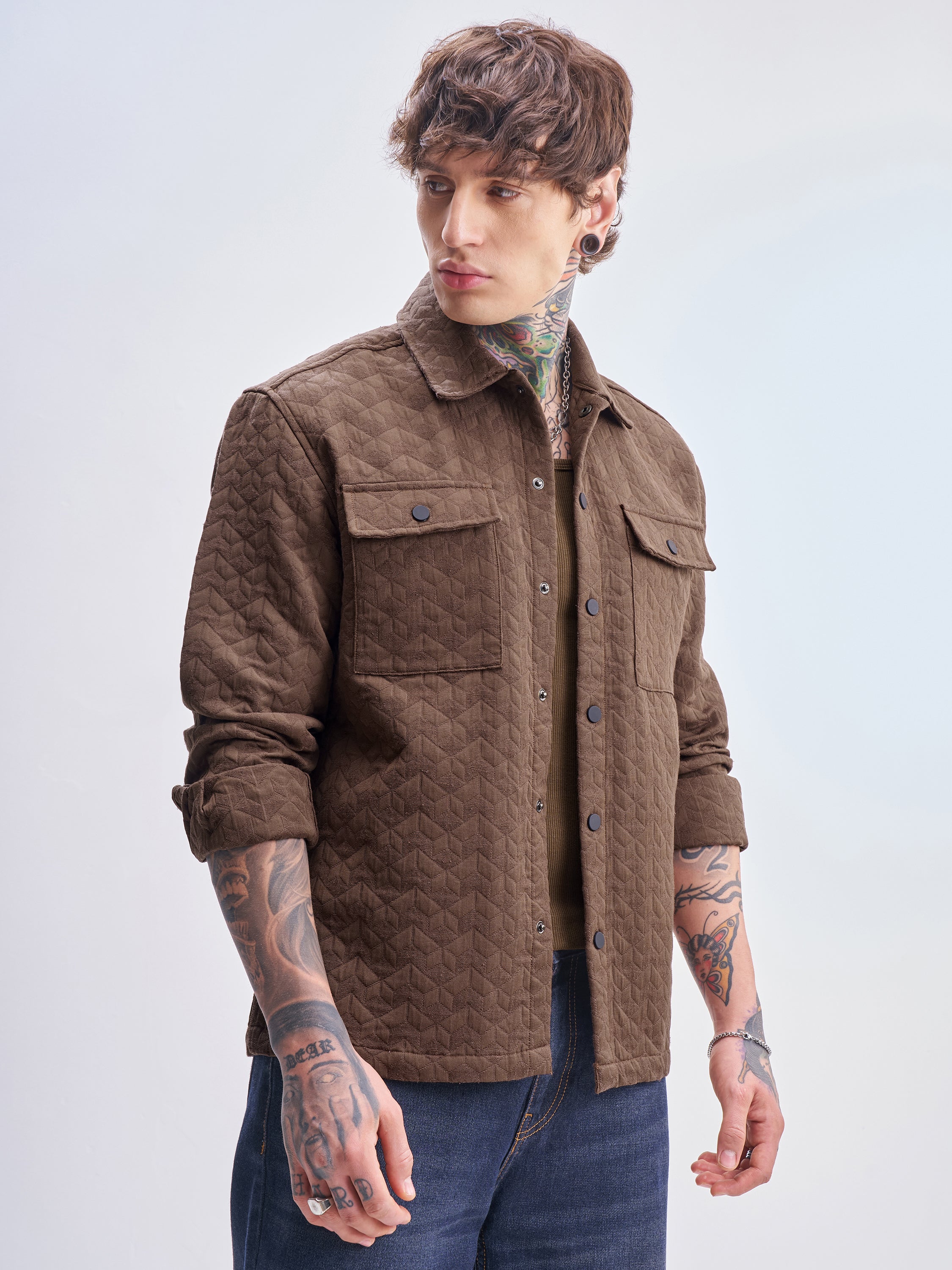 Highlander Men Brown Self Design Relaxed Fit Casual Shirt - Brown - Image 6