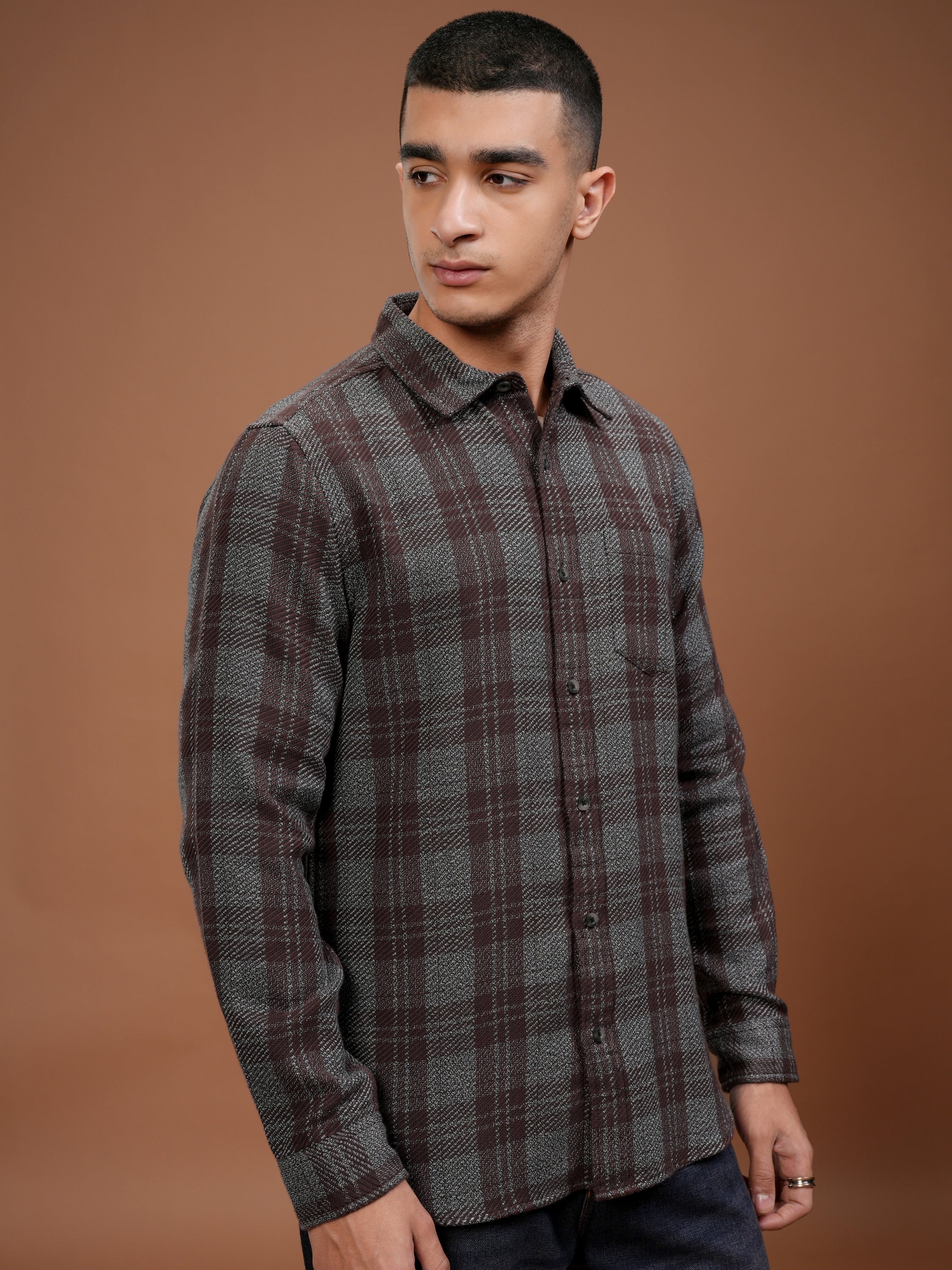 Highlander Men Grey Checked Slim Fit Casual Shirt - Grey - Image 6