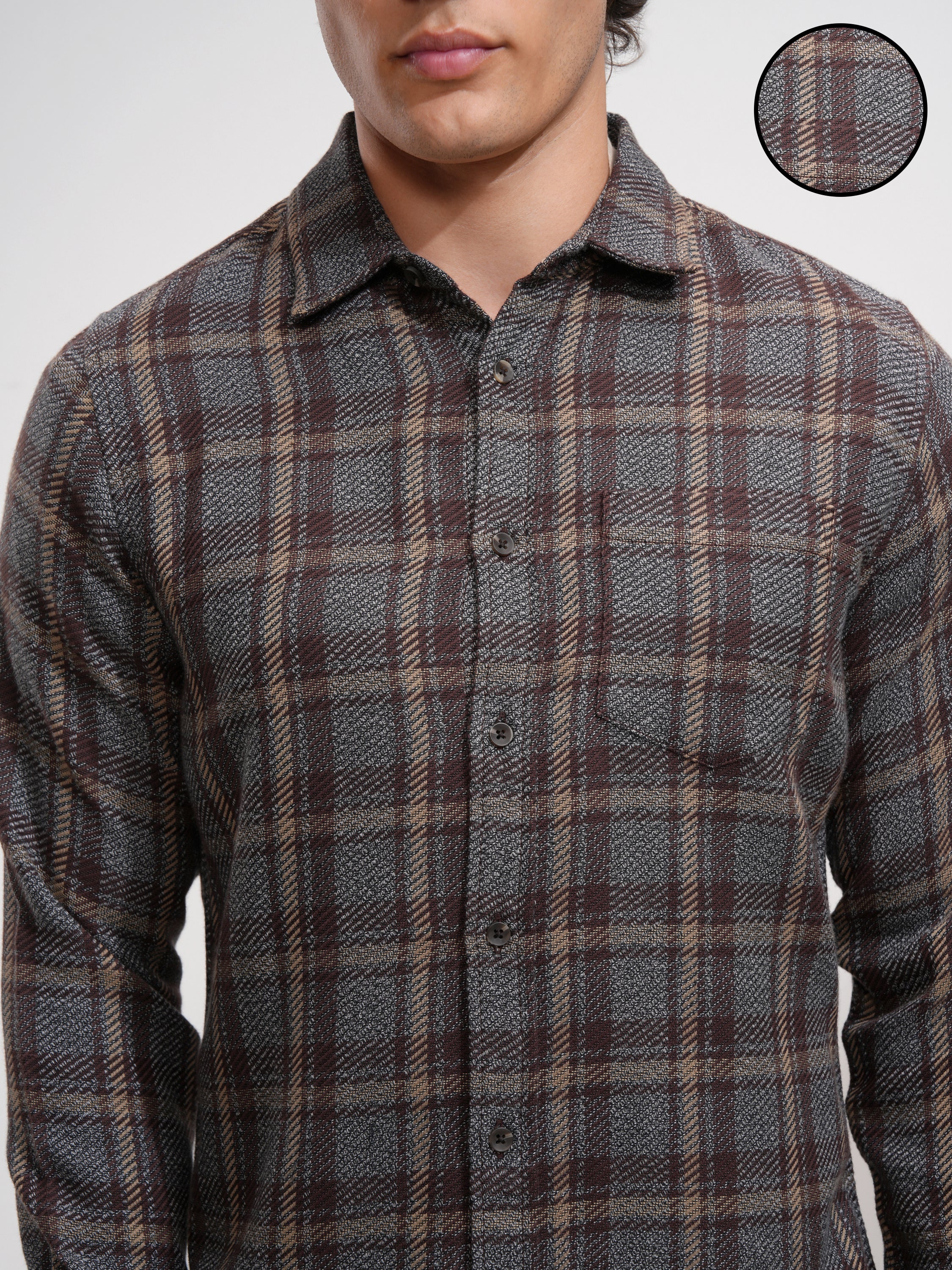 Highlander Men Grey Checked Slim Fit Casual Shirt - Grey - Image 5