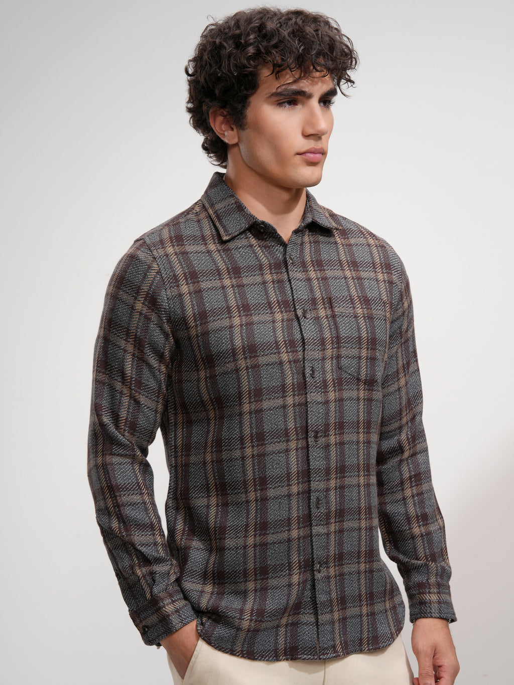 Highlander Men Grey Checked Slim Fit Casual Shirt - Grey - Image 6