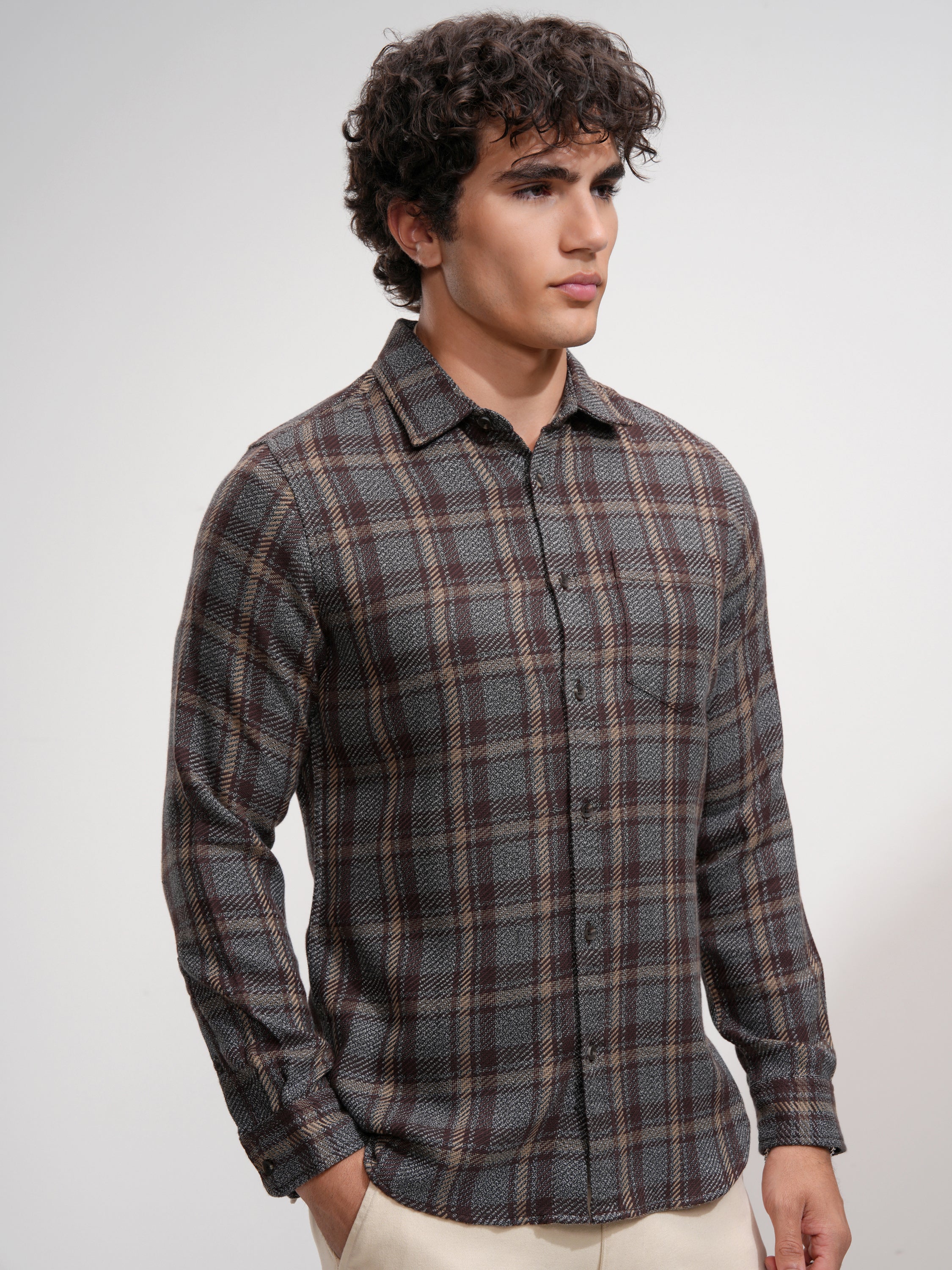 Highlander Men Grey Checked Slim Fit Casual Shirt - Grey - Image 6
