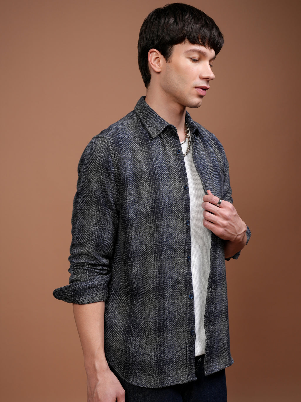 Highlander Men Grey Checked Slim Fit Casual Shirt - Grey - Image 6
