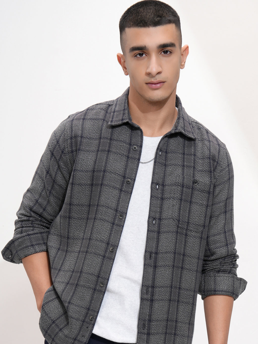 Highlander Men Charcoal Checked Slim Fit Casual Shirt - Charcoal - Image 1