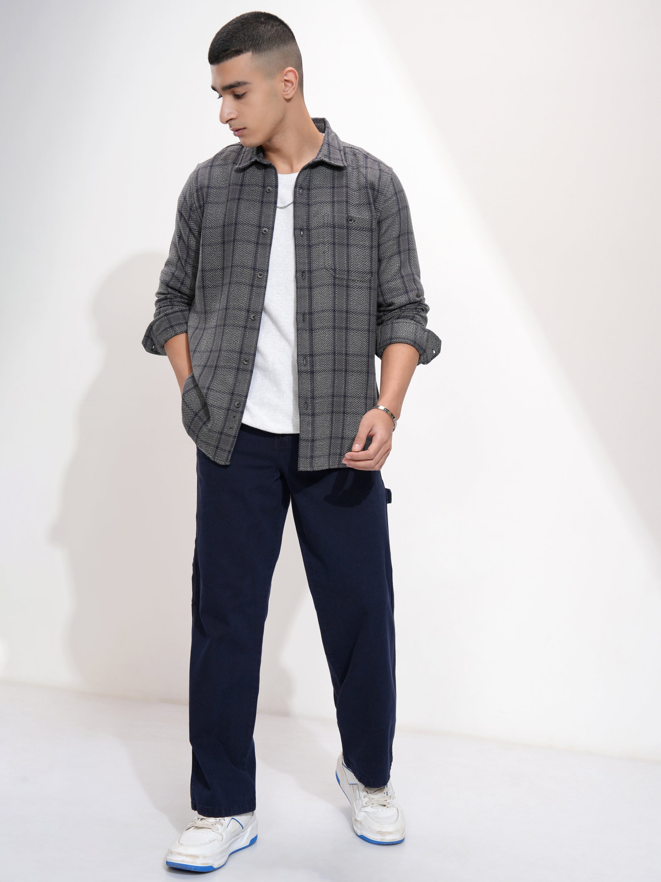 Highlander Men Charcoal Checked Slim Fit Casual Shirt - Charcoal - Image 2