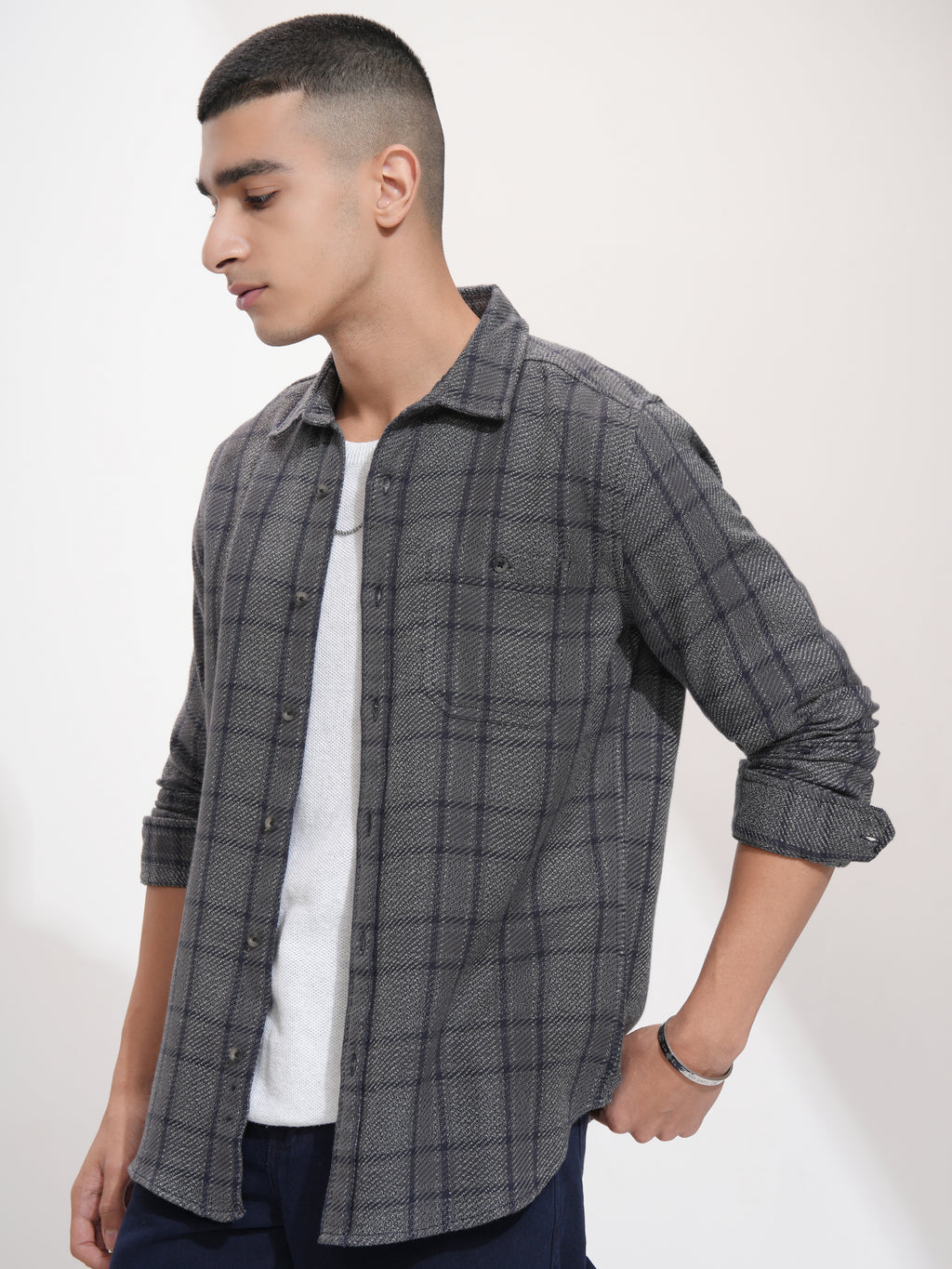 Highlander Men Charcoal Checked Slim Fit Casual Shirt - Charcoal - Image 4