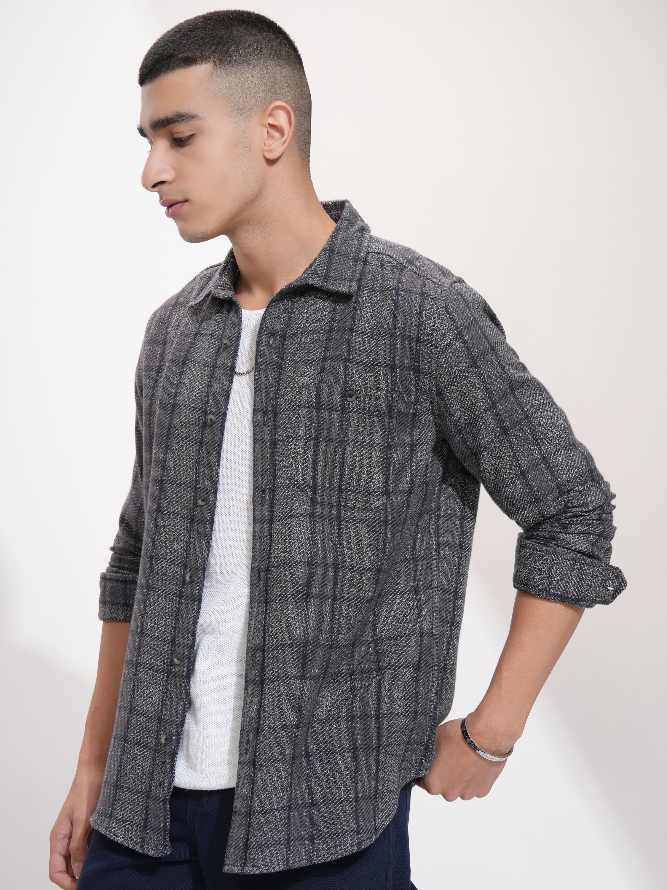 Highlander Men Charcoal Checked Slim Fit Casual Shirt - Charcoal - Image 4