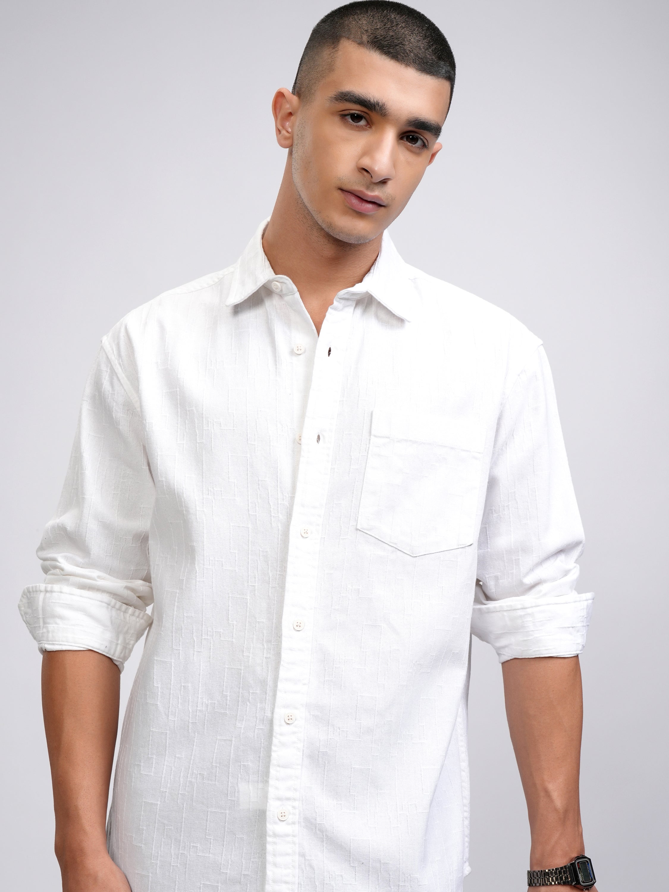 Highlander Men White Self Design Relaxed Fit Casual Shirt - White - Image 1