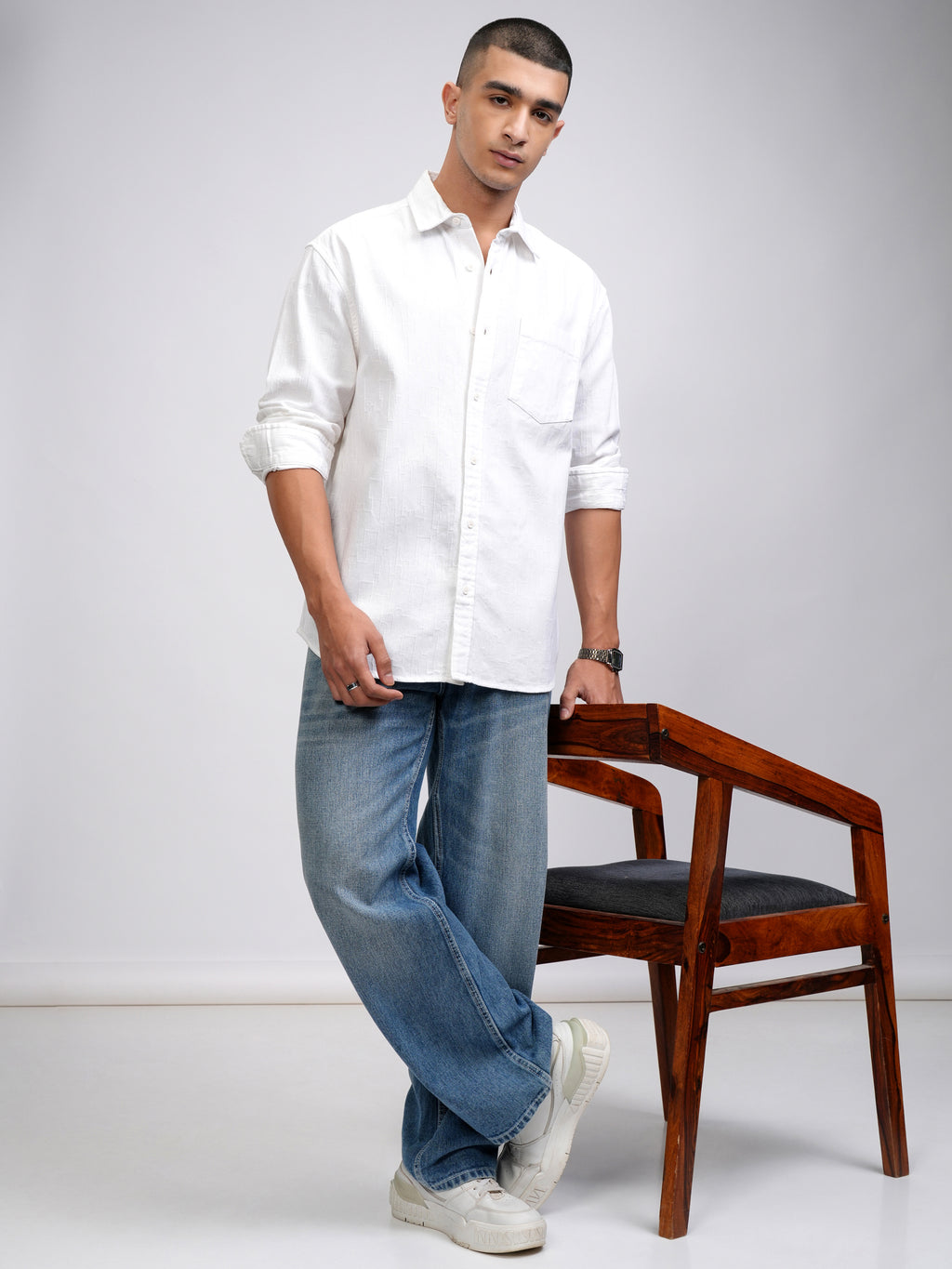 Highlander Men White Self Design Relaxed Fit Casual Shirt - White - Image 2