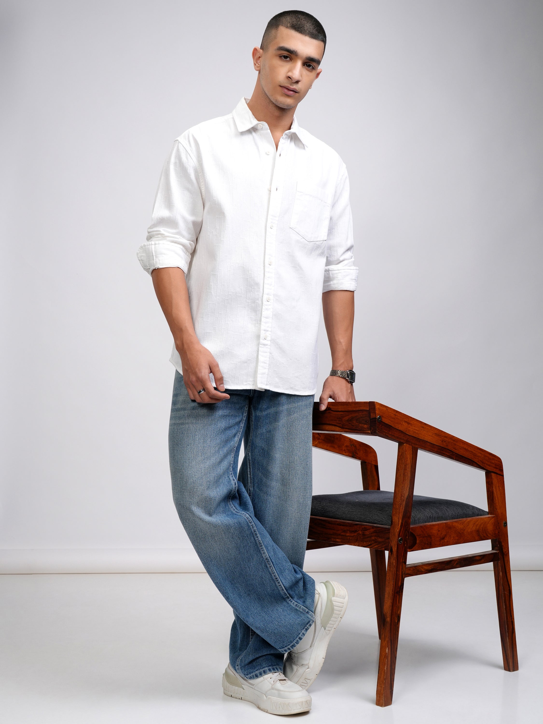 Highlander Men White Self Design Relaxed Fit Casual Shirt - White - Image 2
