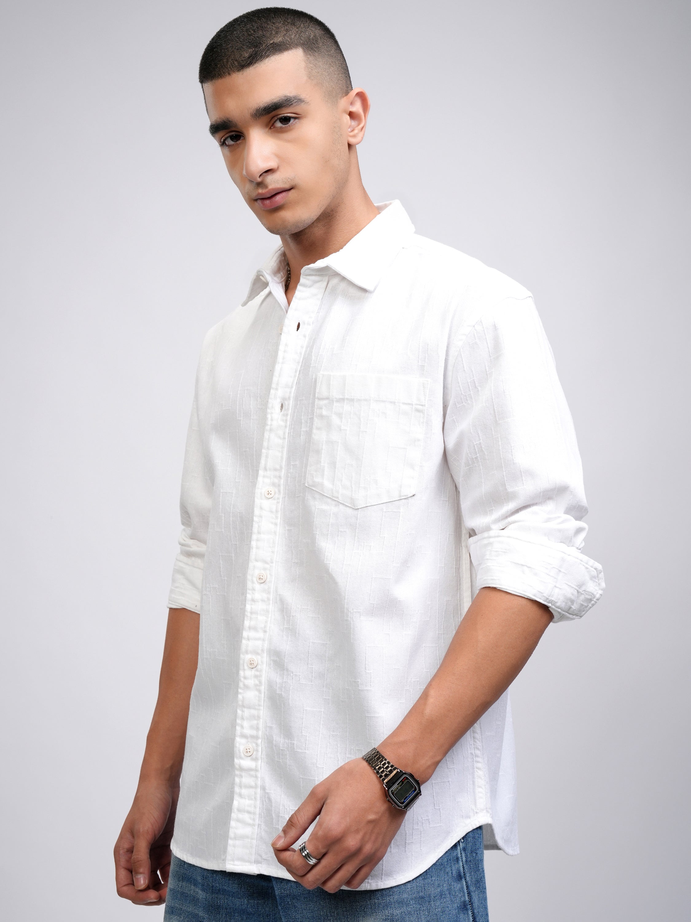 Highlander Men White Self Design Relaxed Fit Casual Shirt - White - Image 4