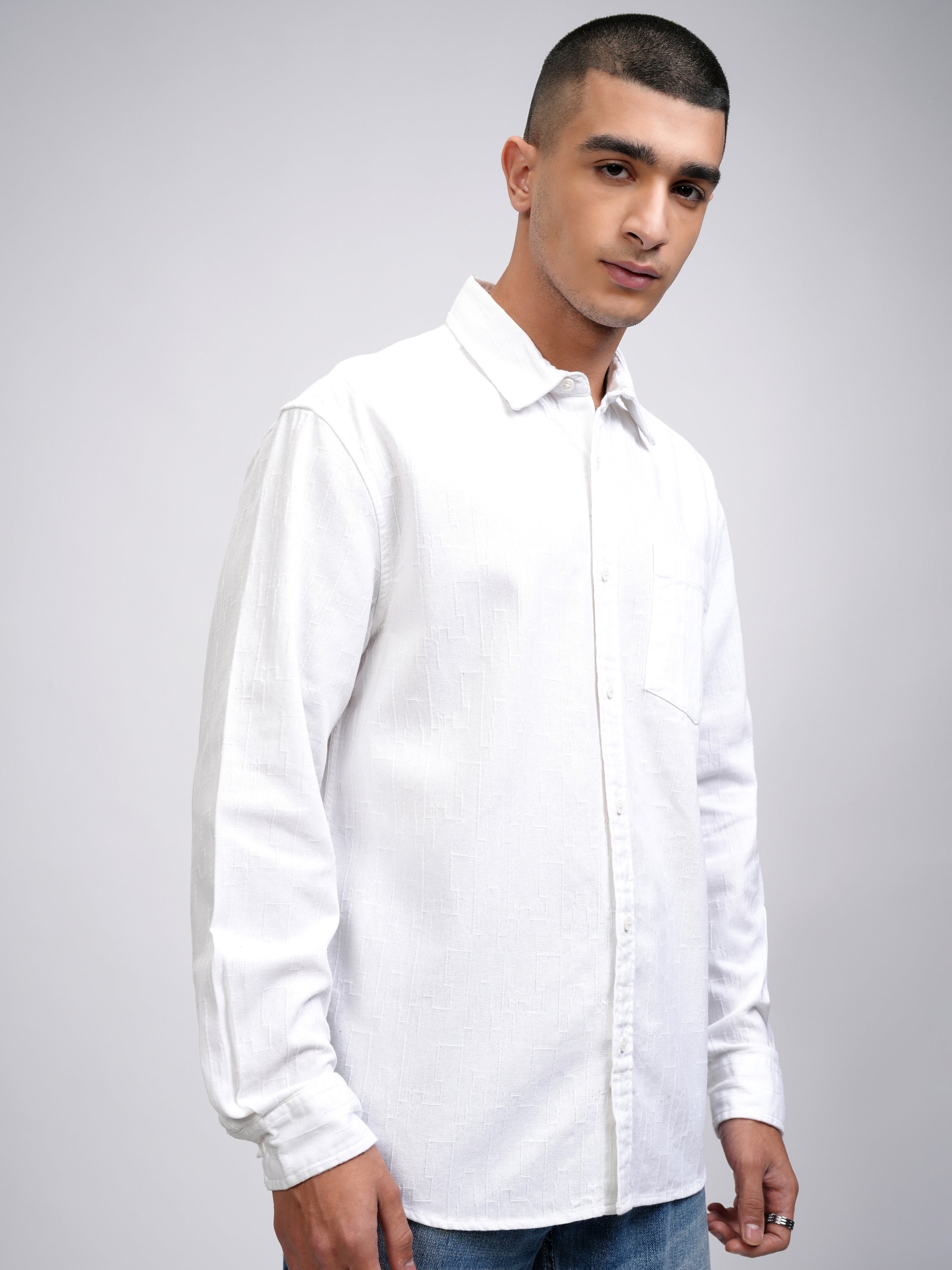 Highlander Men White Self Design Relaxed Fit Casual Shirt - White - Image 6