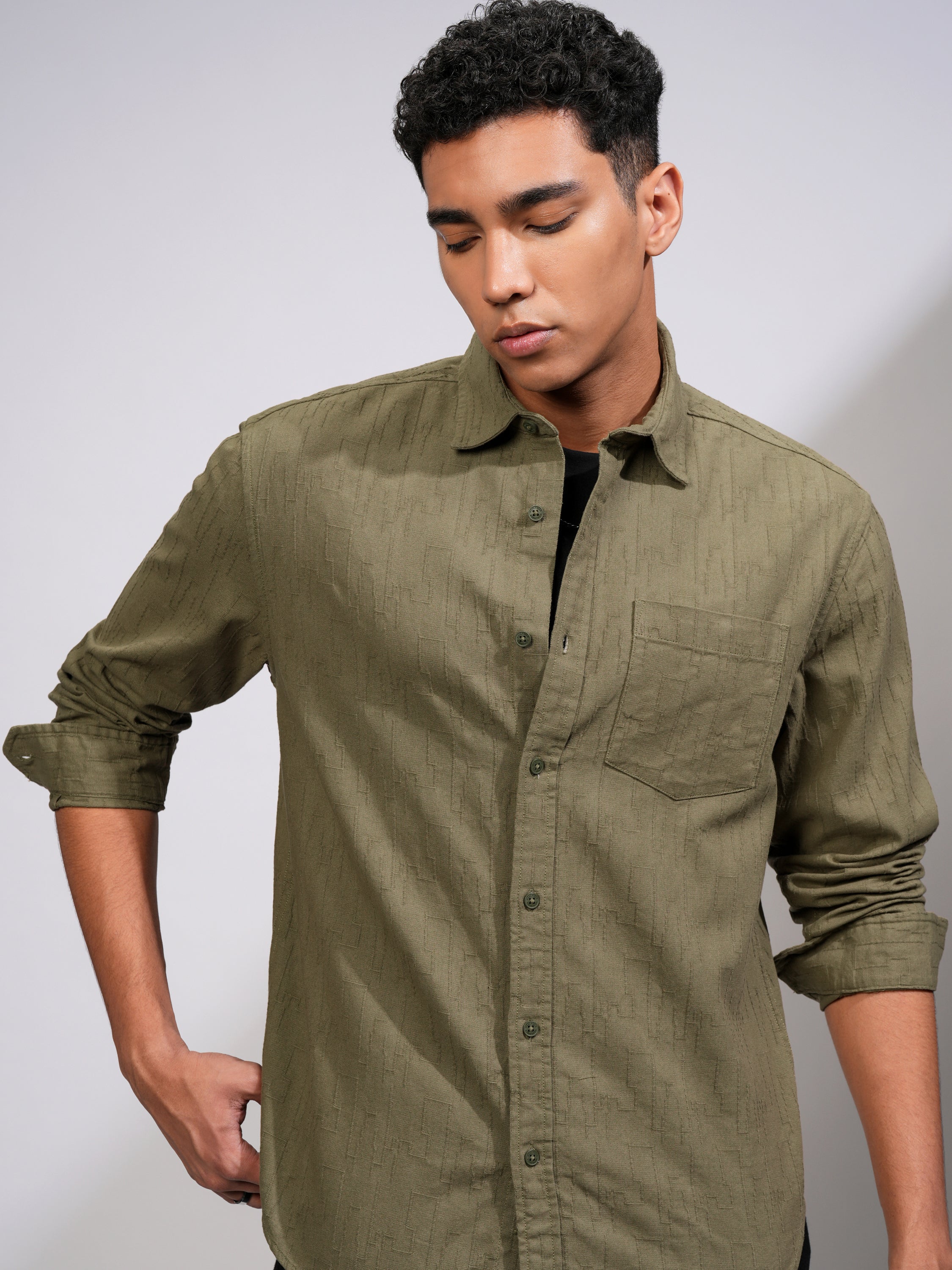 Highlander Men Olive Self Design Relaxed Fit Casual Shirt - Olive - Image 1