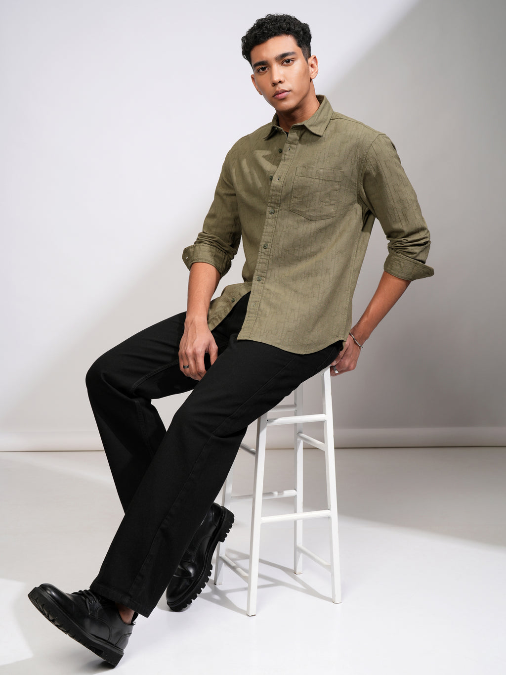 Highlander Men Olive Self Design Relaxed Fit Casual Shirt - Olive - Image 2