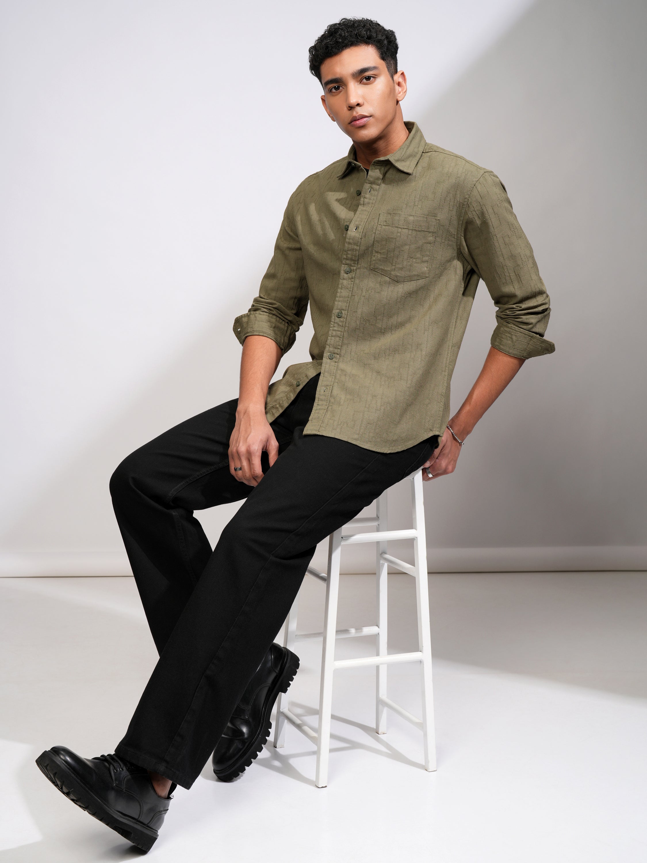 Highlander Men Olive Self Design Relaxed Fit Casual Shirt - Olive - Image 2