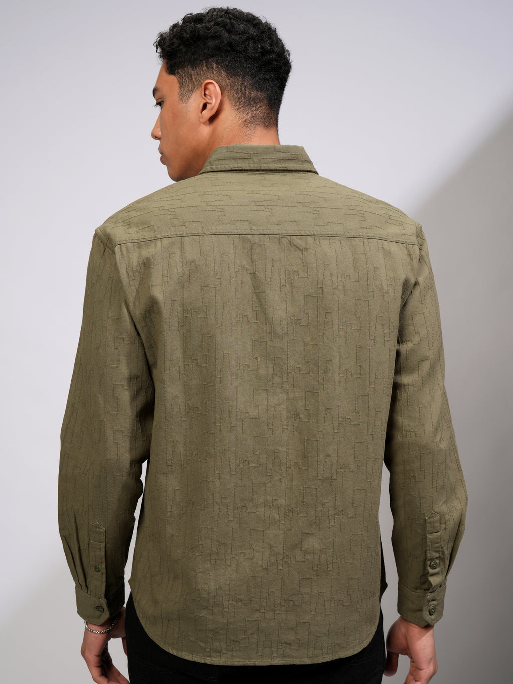 Highlander Men Olive Self Design Relaxed Fit Casual Shirt - Olive - Image 3