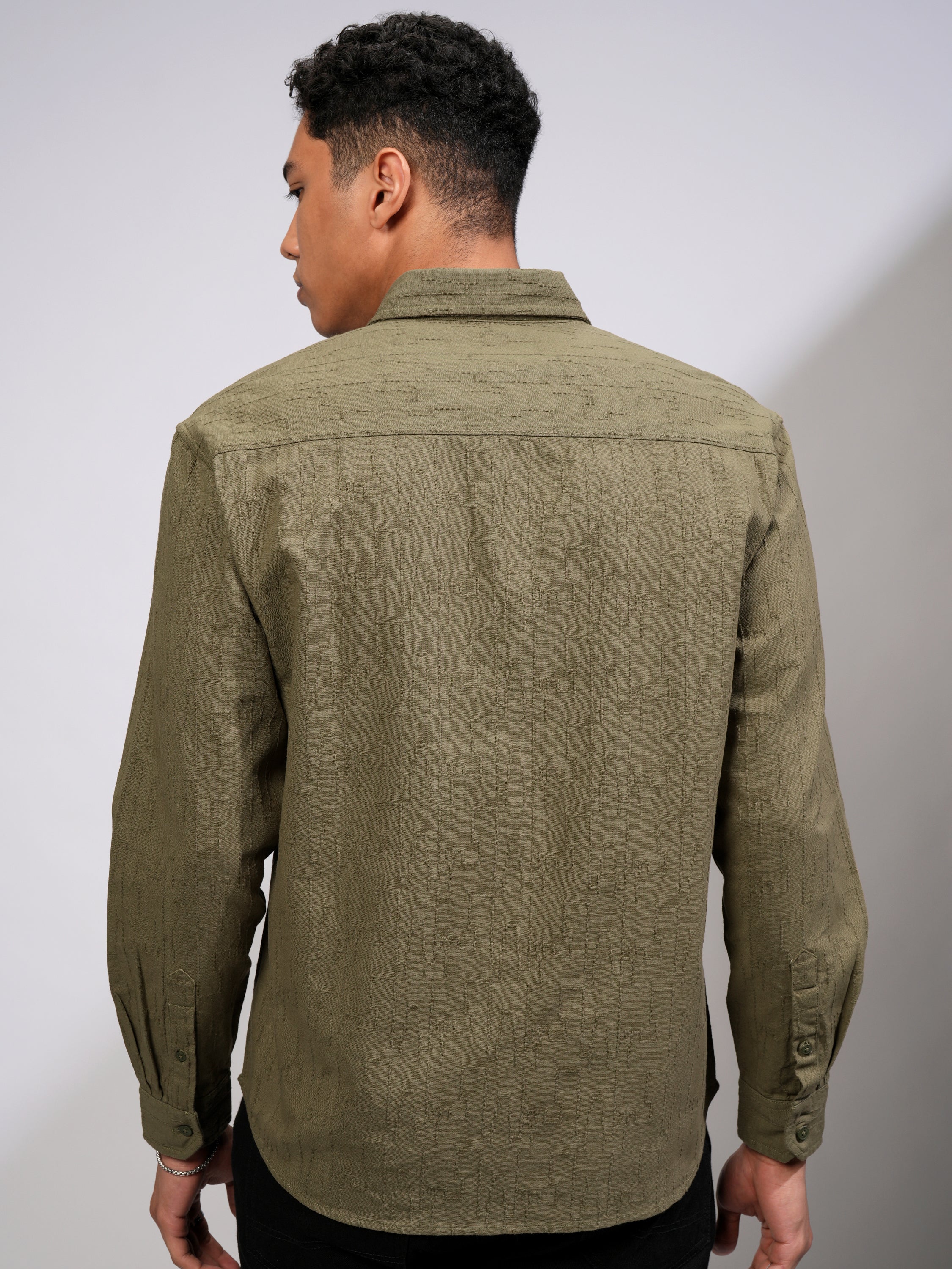 Highlander Men Olive Self Design Relaxed Fit Casual Shirt - Olive - Image 3