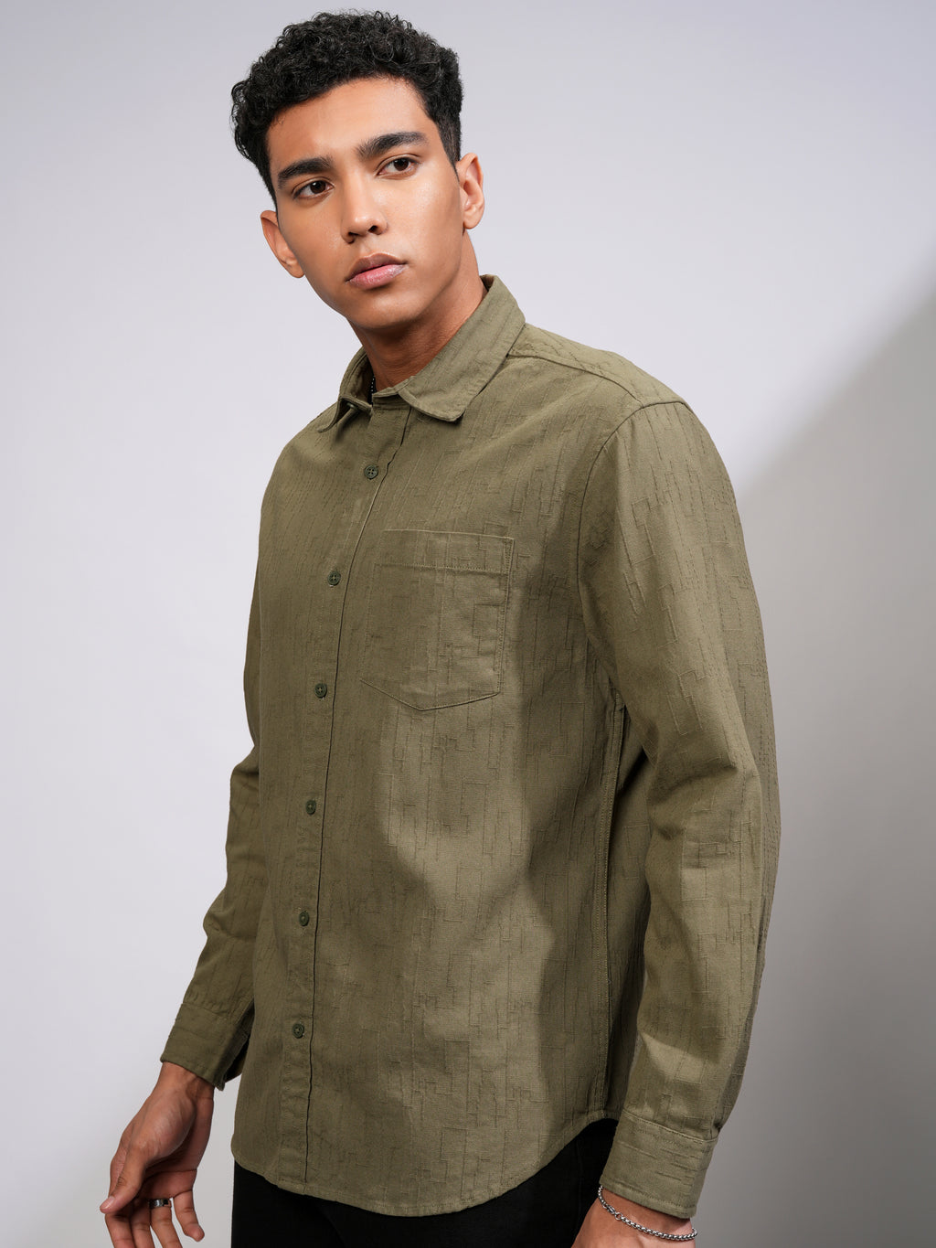 Highlander Men Olive Self Design Relaxed Fit Casual Shirt - Olive - Image 4