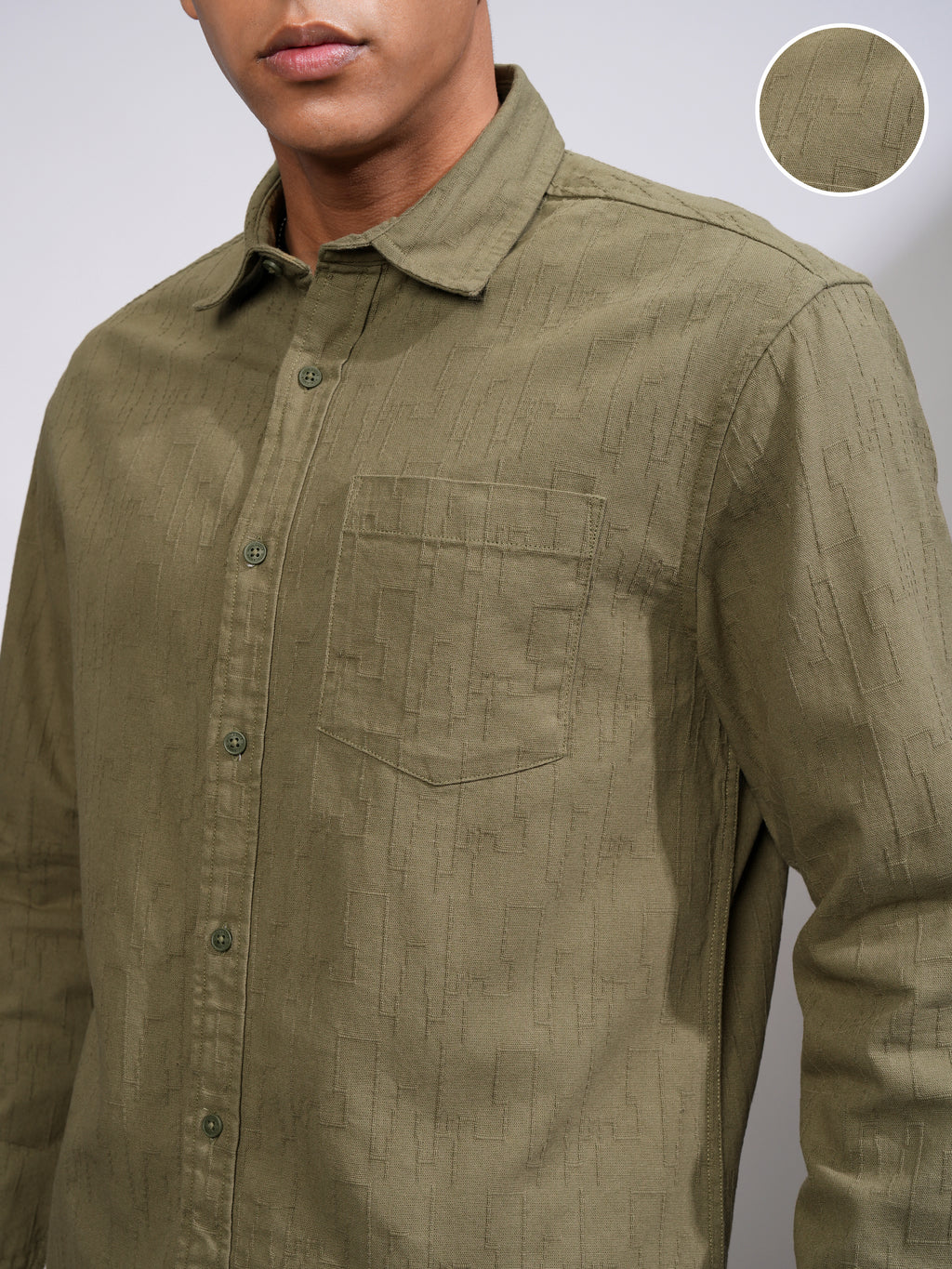 Highlander Men Olive Self Design Relaxed Fit Casual Shirt - Olive - Image 5