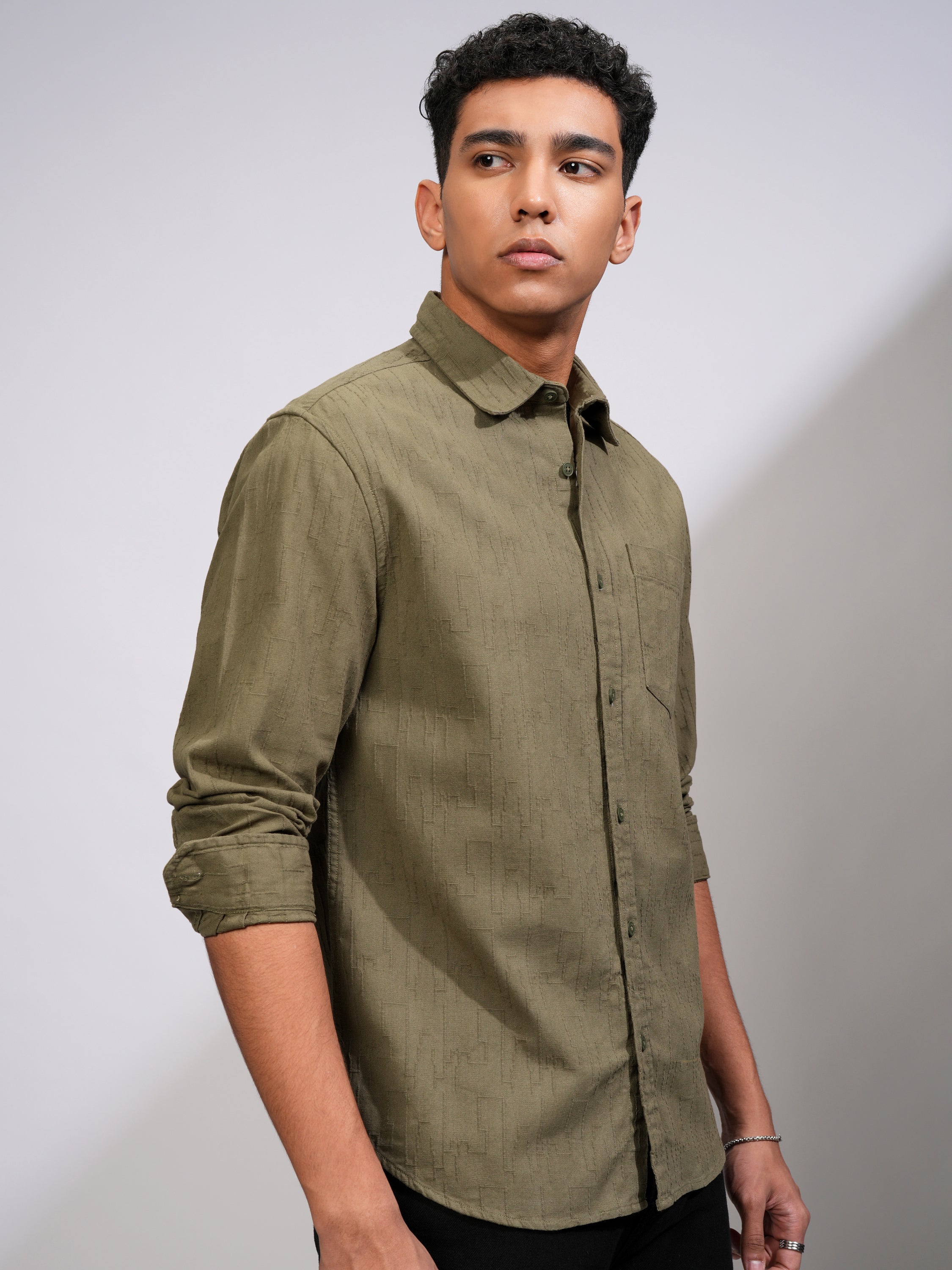 Highlander Men Olive Self Design Relaxed Fit Casual Shirt - Olive - Image 6