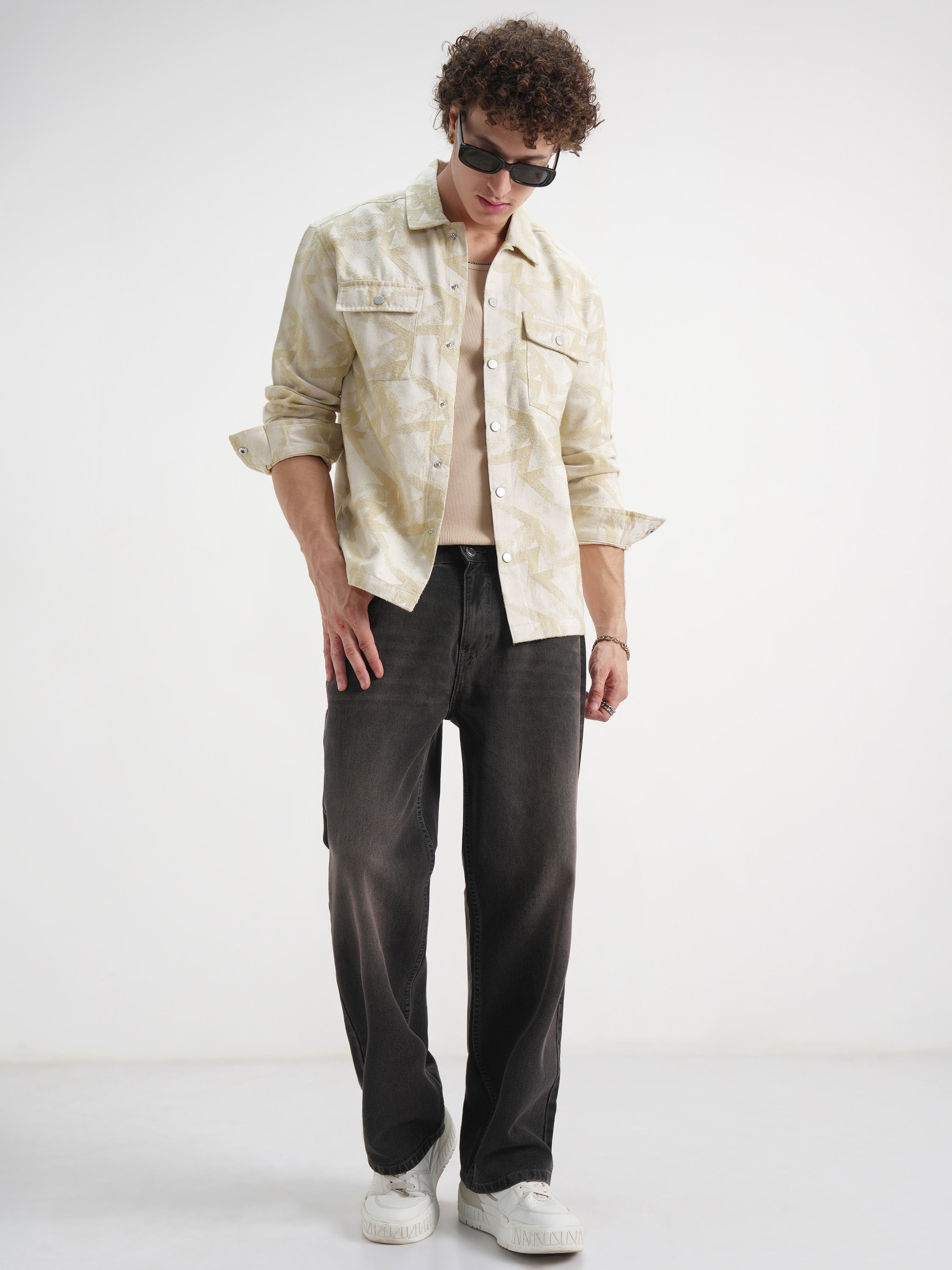 Highlander Men Beige Self Design Relaxed Fit Casual Shirt - Beige - Image 2