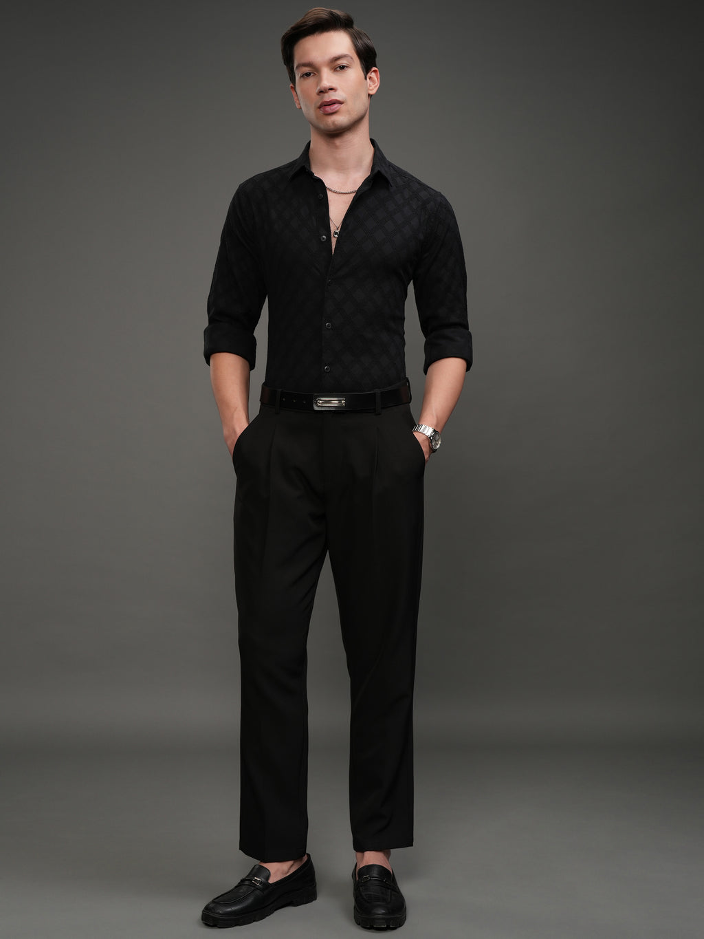 Highlander Men Black Self Design Slim Fit Casual Shirt - Black - Image 2