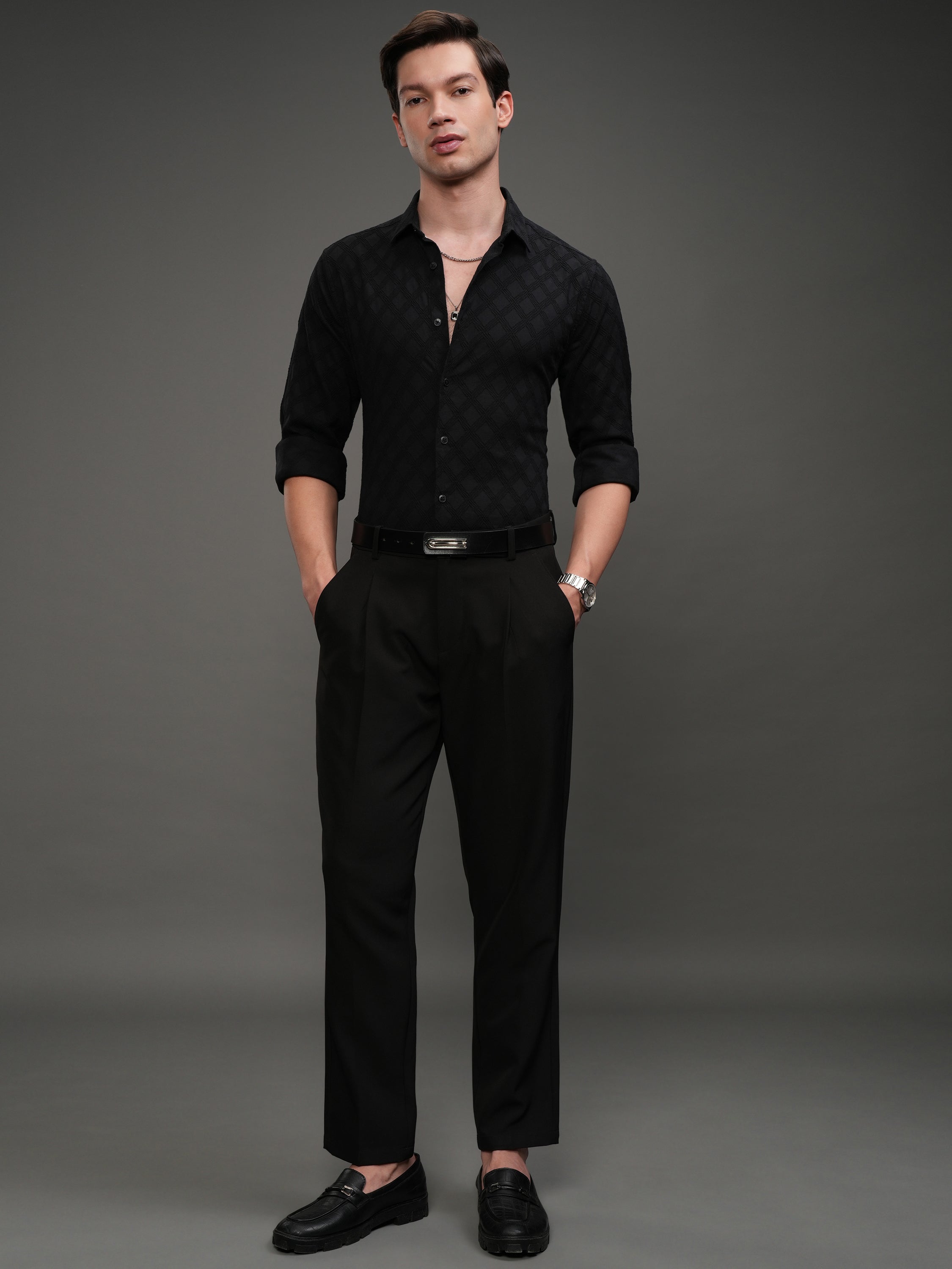Highlander Men Black Self Design Slim Fit Casual Shirt - Black - Image 2