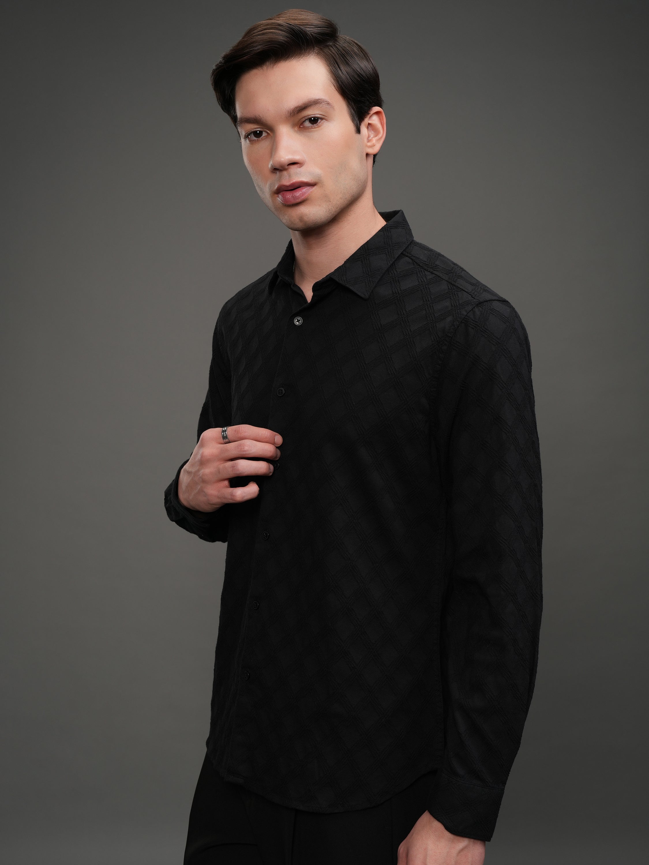 Highlander Men Black Self Design Slim Fit Casual Shirt - Black - Image 4