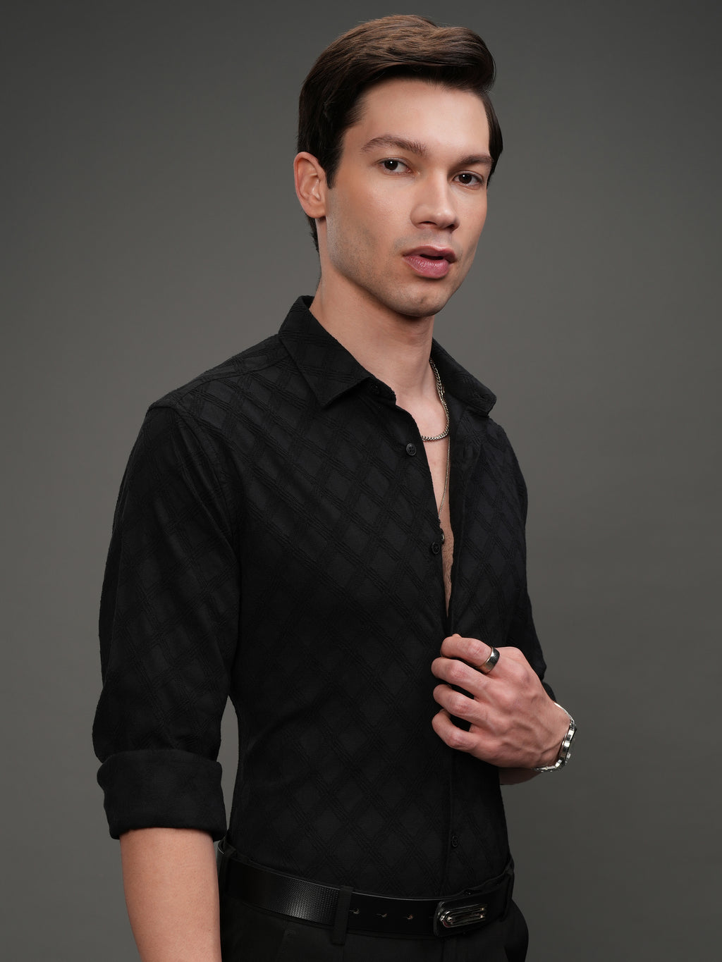 Highlander Men Black Self Design Slim Fit Casual Shirt - Black - Image 6