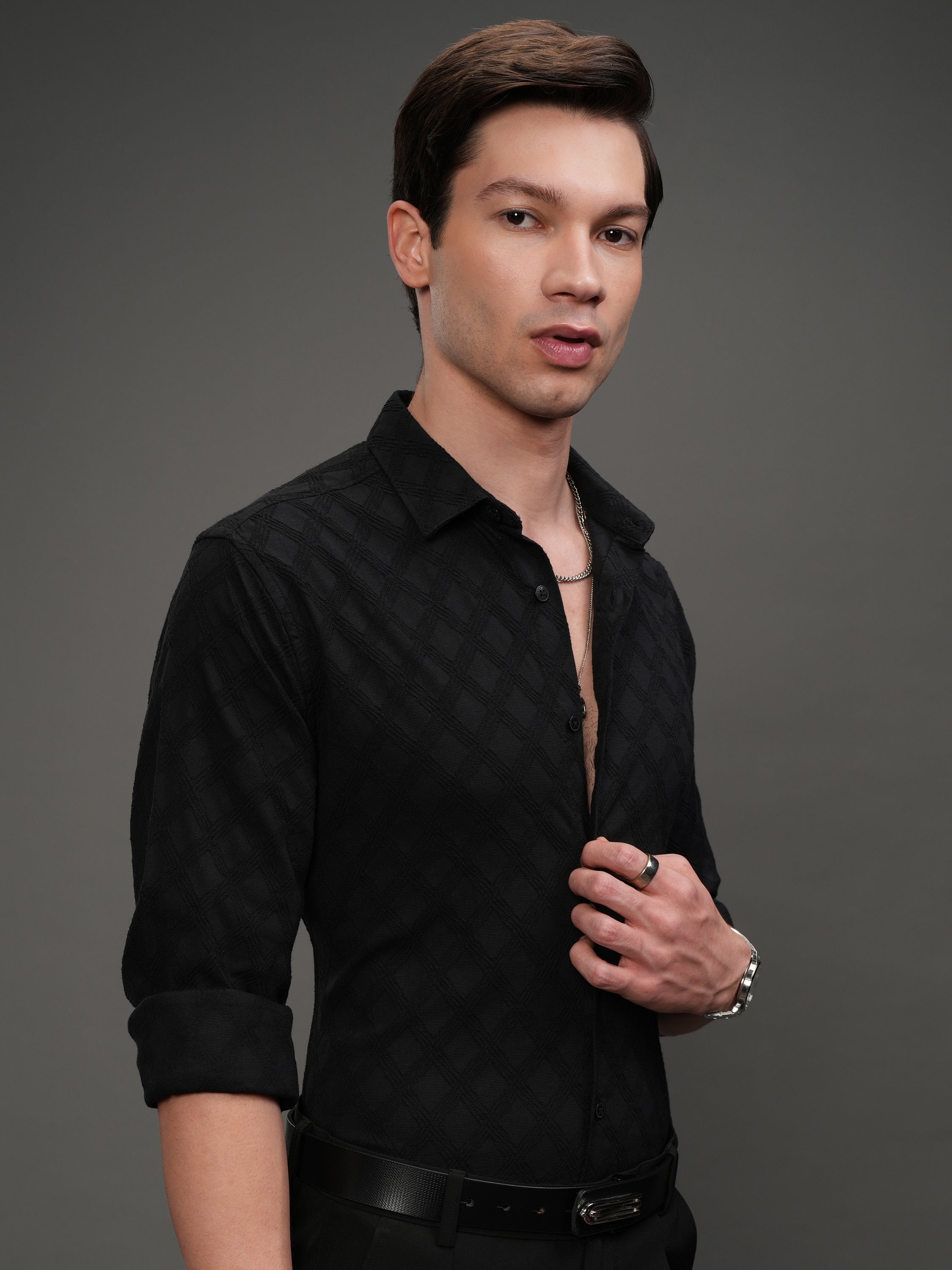 Highlander Men Black Self Design Slim Fit Casual Shirt - Black - Image 6