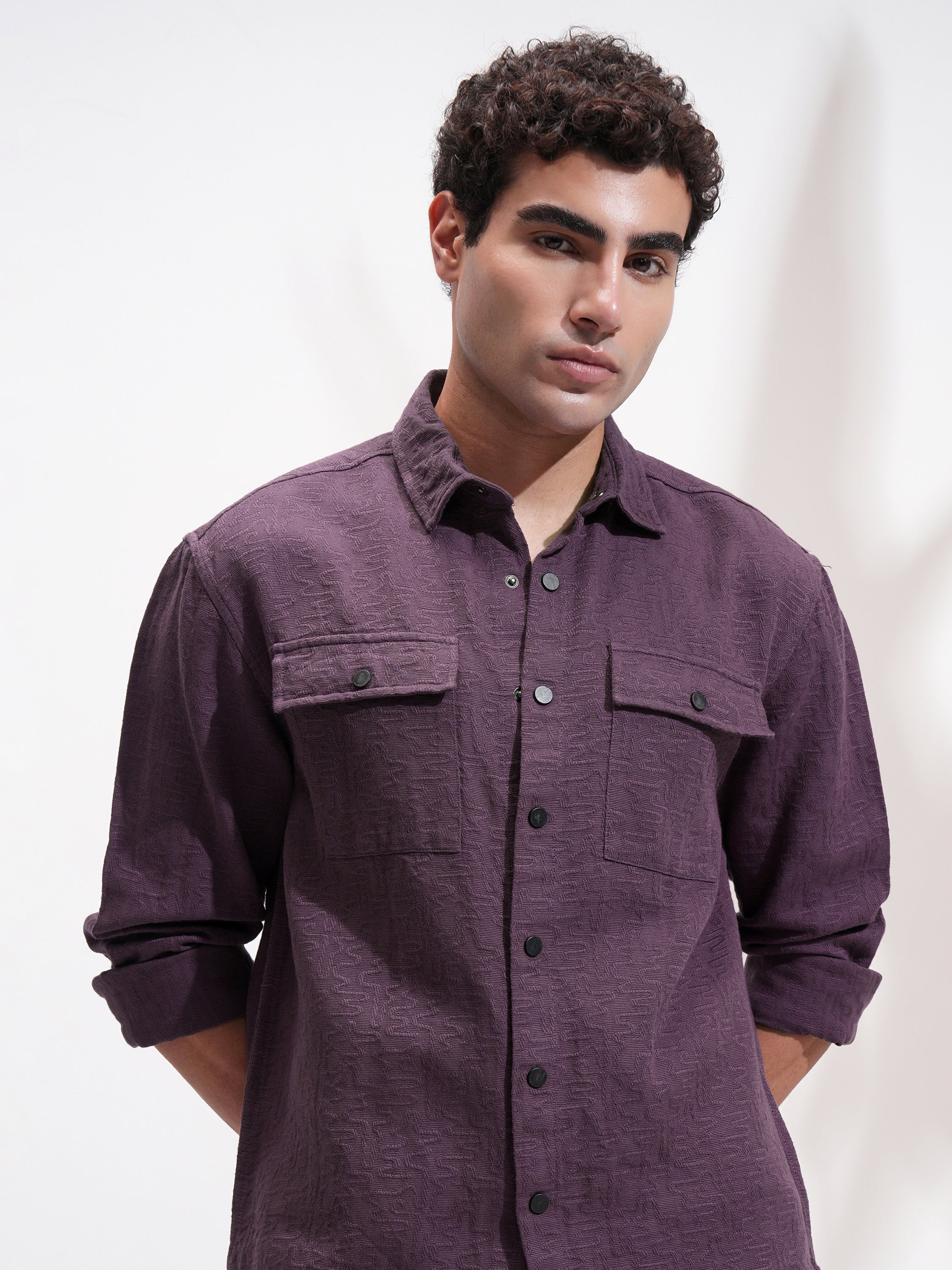 Highlander Men Purple Self Design Relaxed Fit Casual Shirt - Purple - Image 1