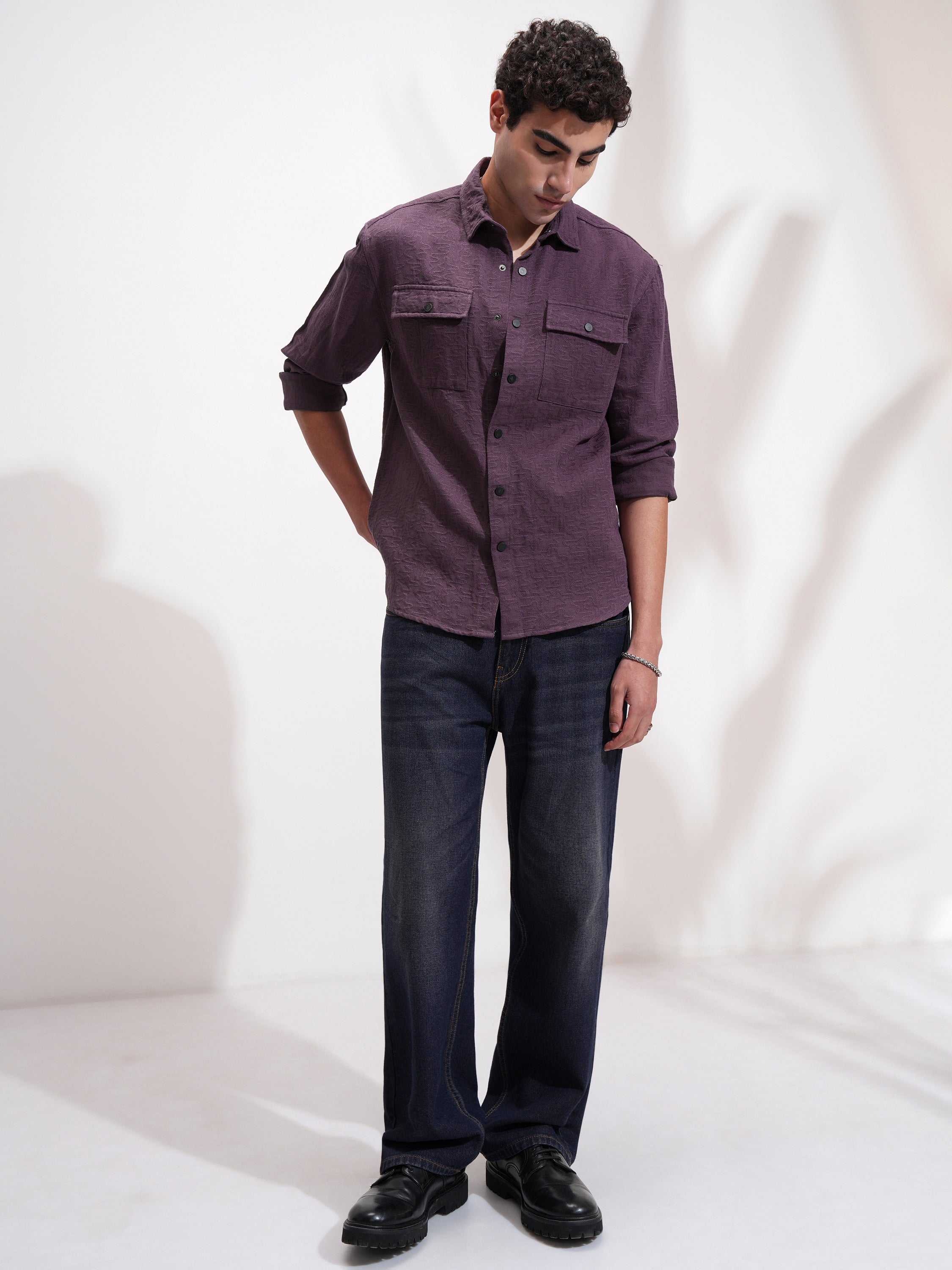 Highlander Men Purple Self Design Relaxed Fit Casual Shirt - Purple - Image 2