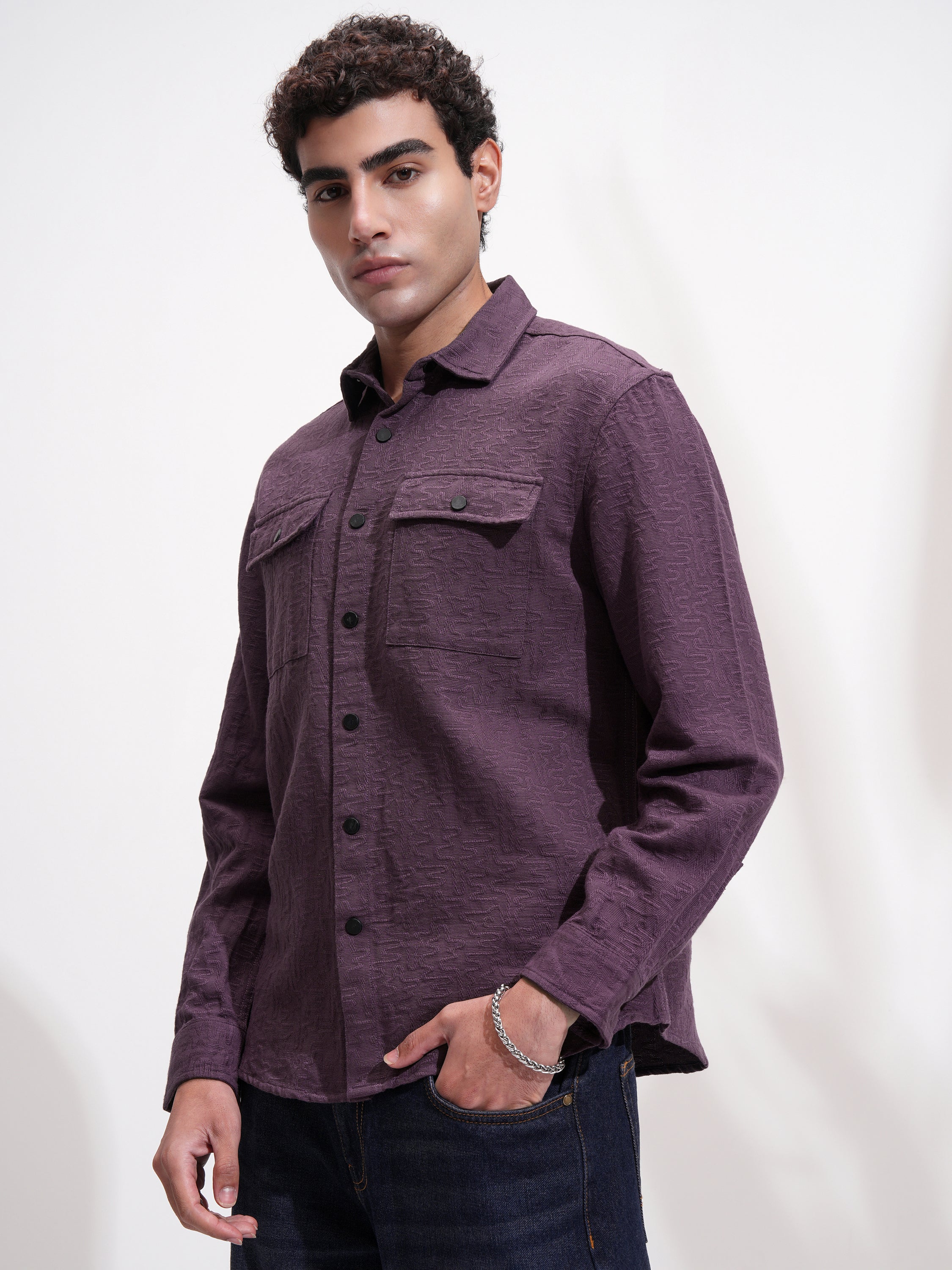 Highlander Men Purple Self Design Relaxed Fit Casual Shirt - Purple - Image 4