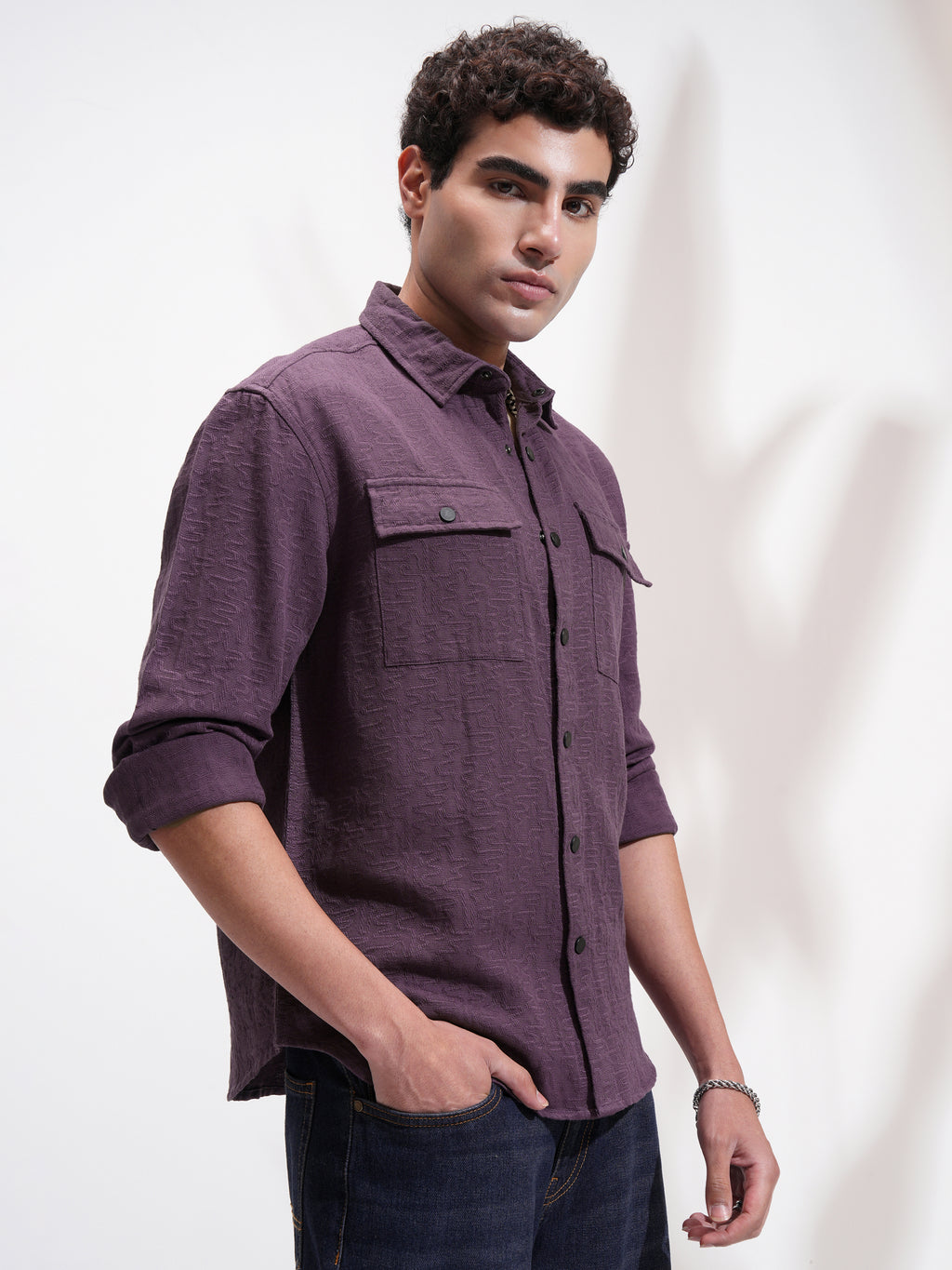Highlander Men Purple Self Design Relaxed Fit Casual Shirt - Purple - Image 6