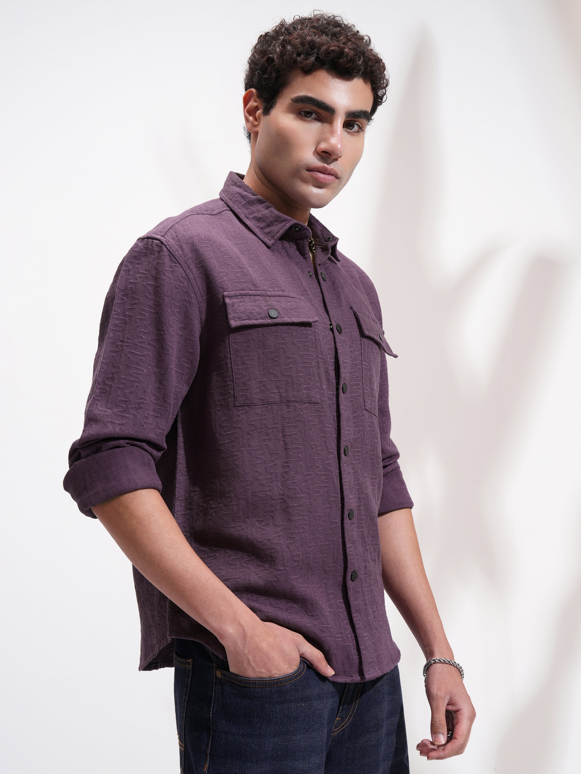 Highlander Men Purple Self Design Relaxed Fit Casual Shirt - Purple - Image 6