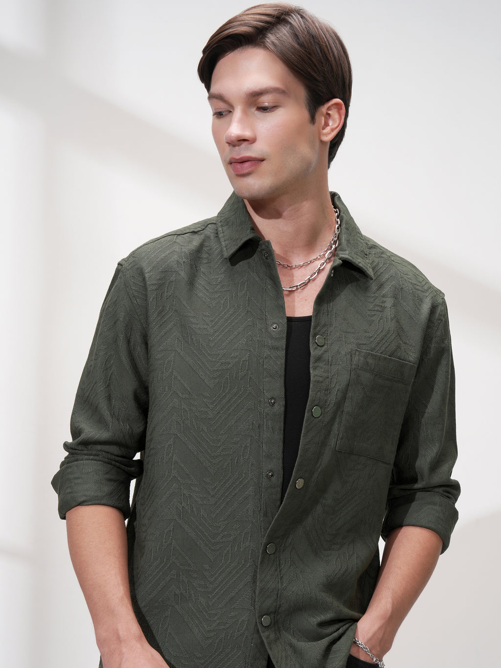 Highlander Men Green Self Design Relaxed Fit Casual Shirt - Green - Image 1