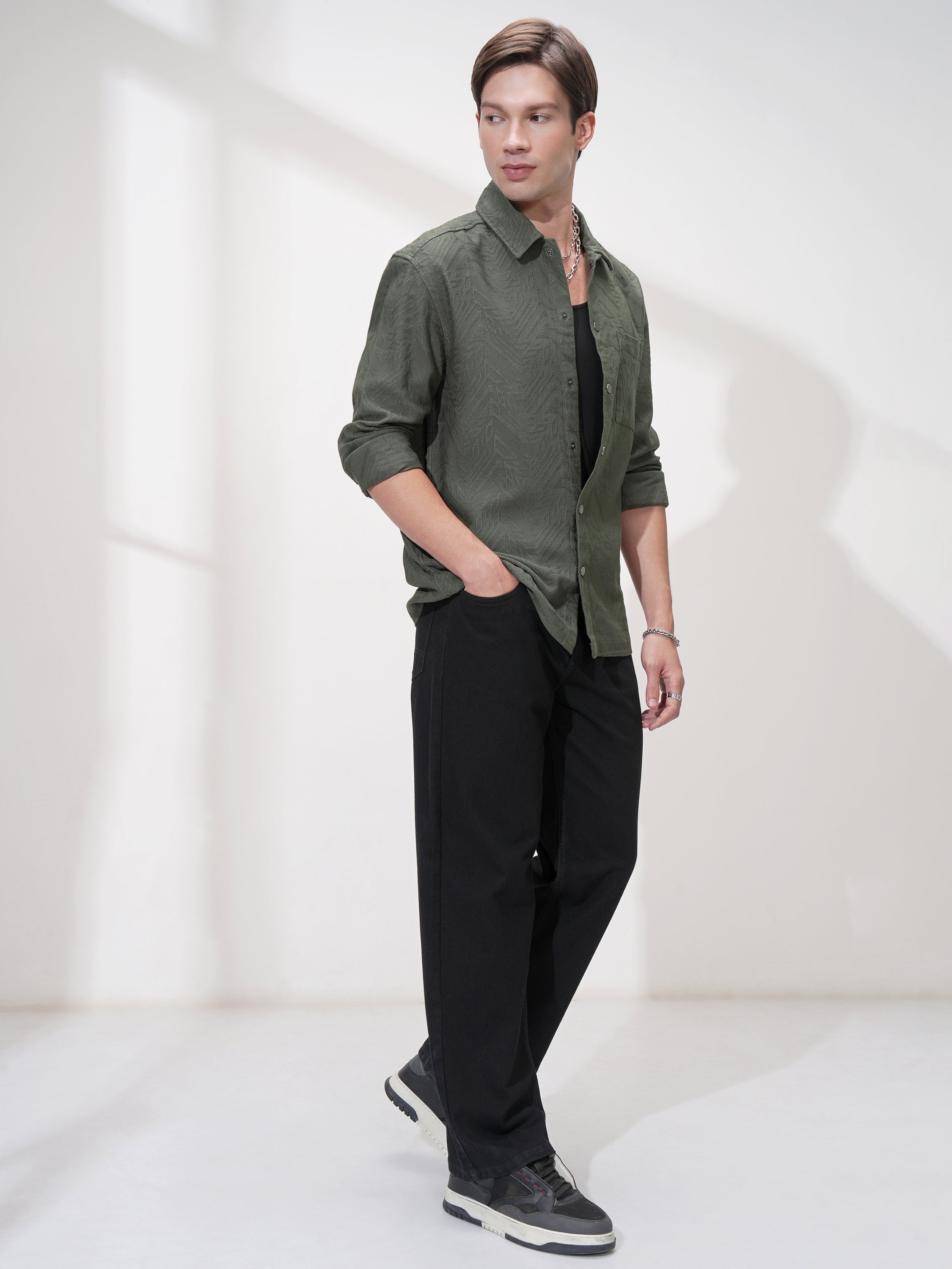 Highlander Men Green Self Design Relaxed Fit Casual Shirt - Green - Image 2