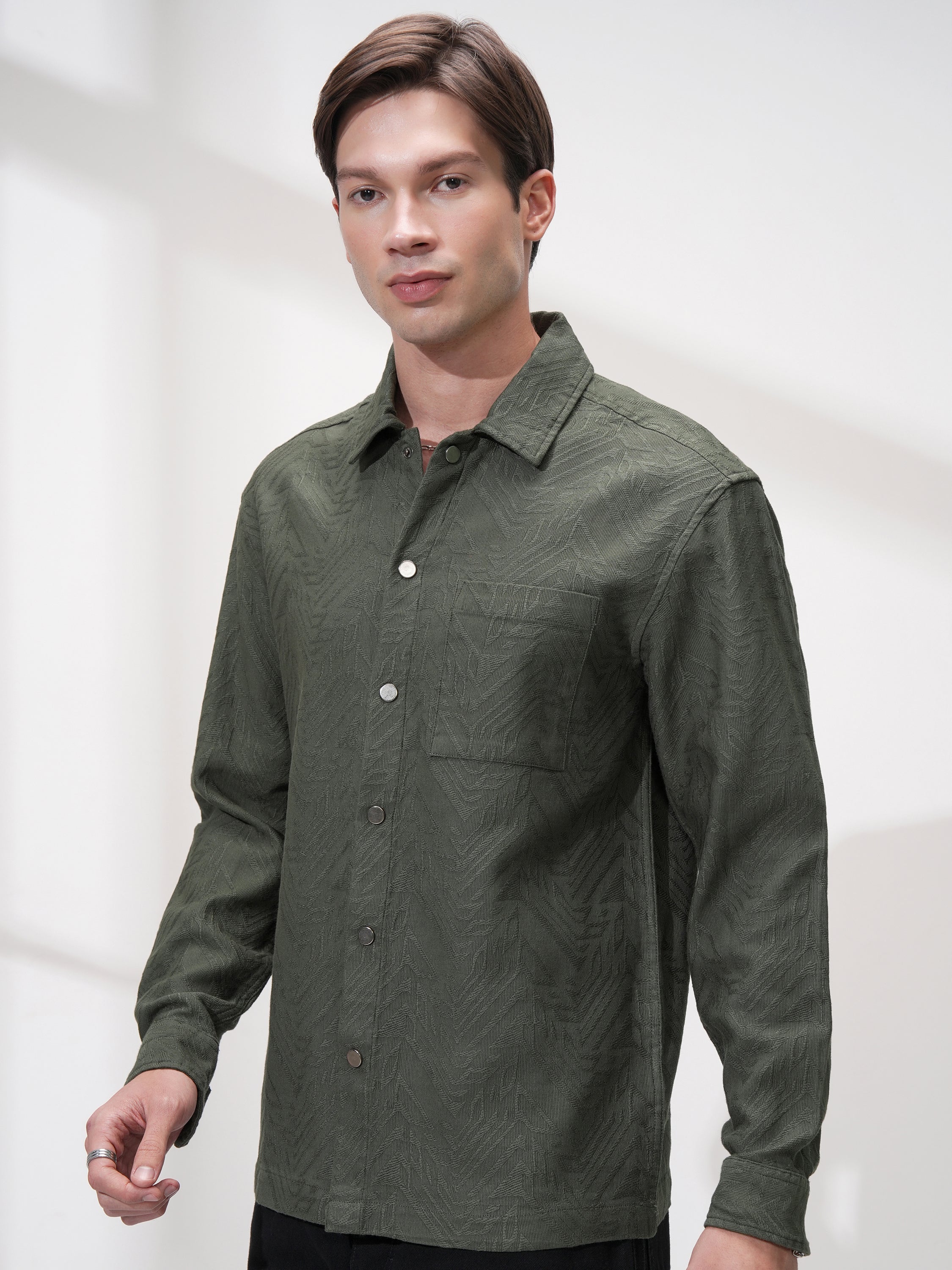Highlander Men Green Self Design Relaxed Fit Casual Shirt - Green - Image 4