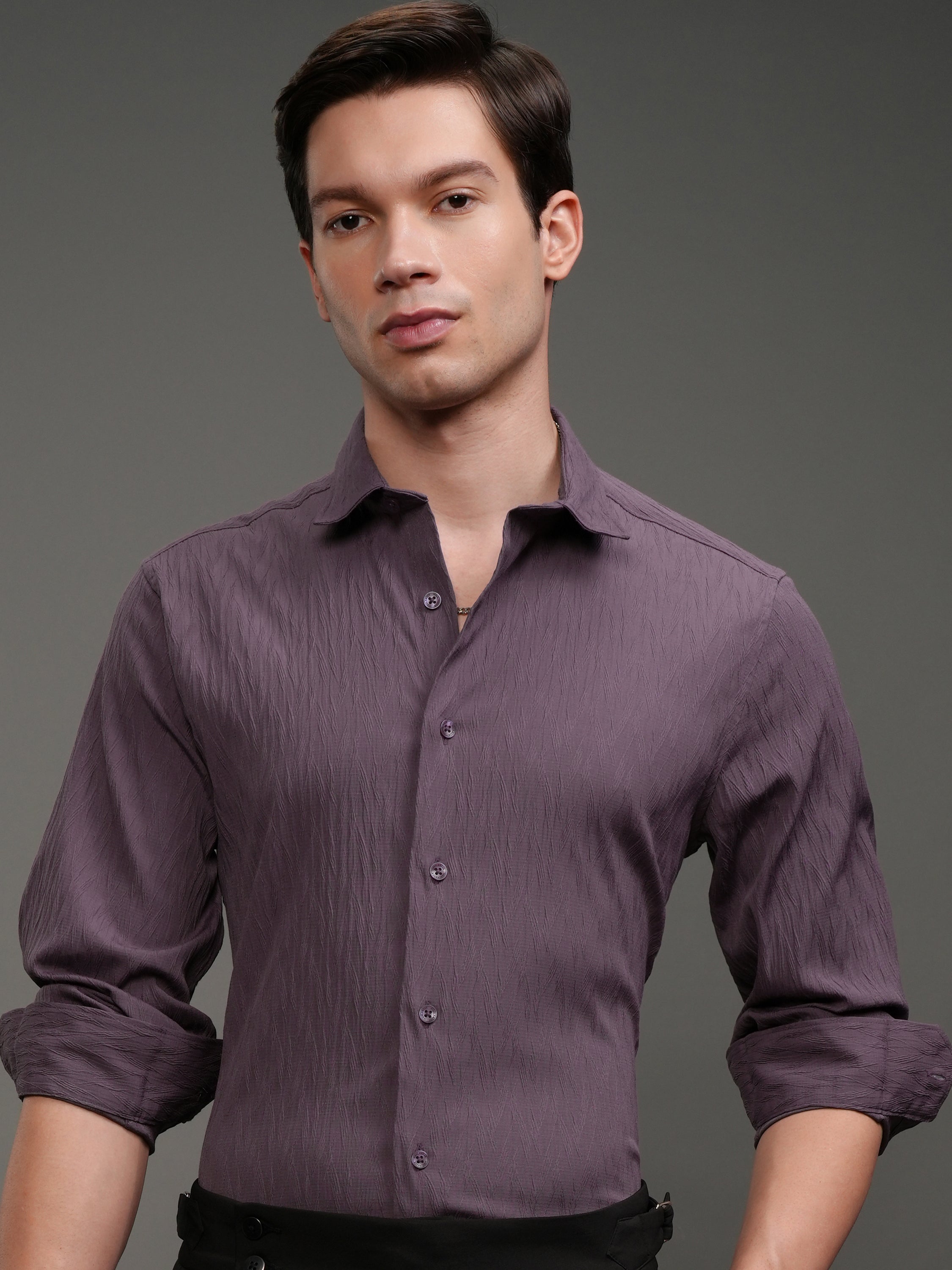 Highlander Men Purple Self Design Slim Fit Casual Shirt - Purple - Image 1