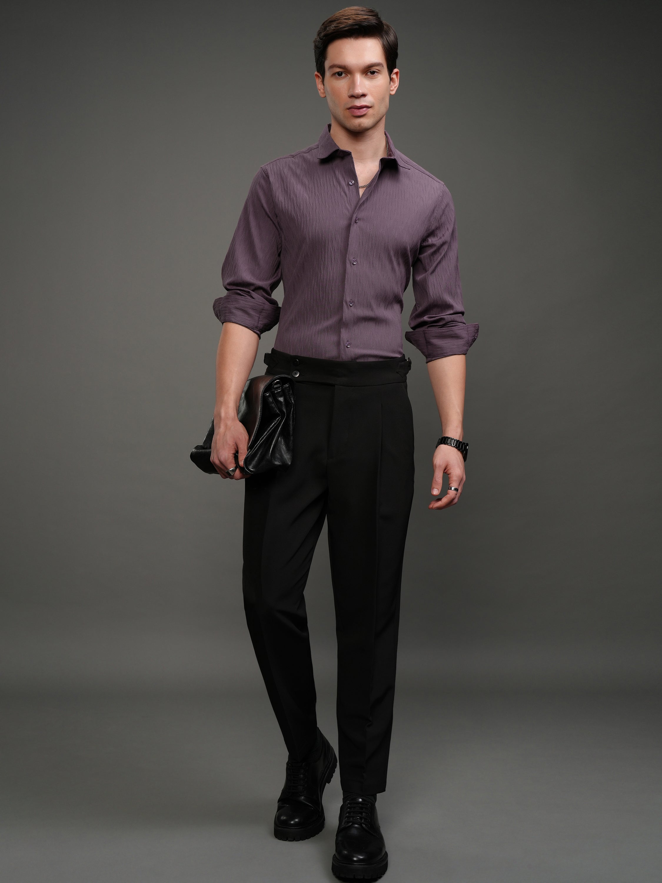 Highlander Men Purple Self Design Slim Fit Casual Shirt - Purple - Image 2