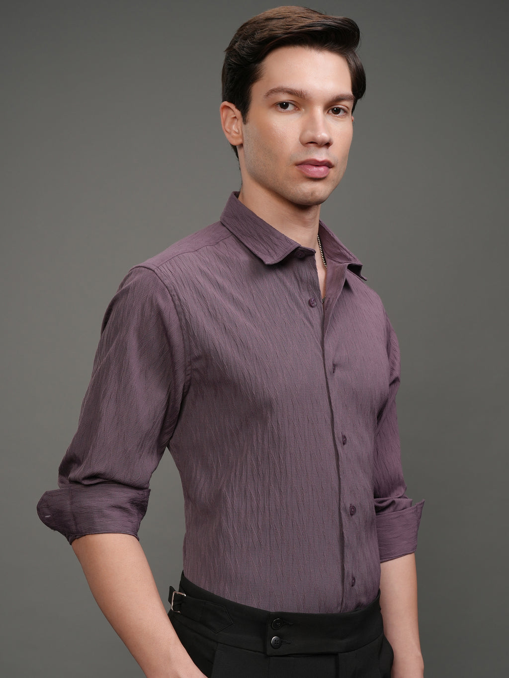 Highlander Men Purple Self Design Slim Fit Casual Shirt - Purple - Image 6