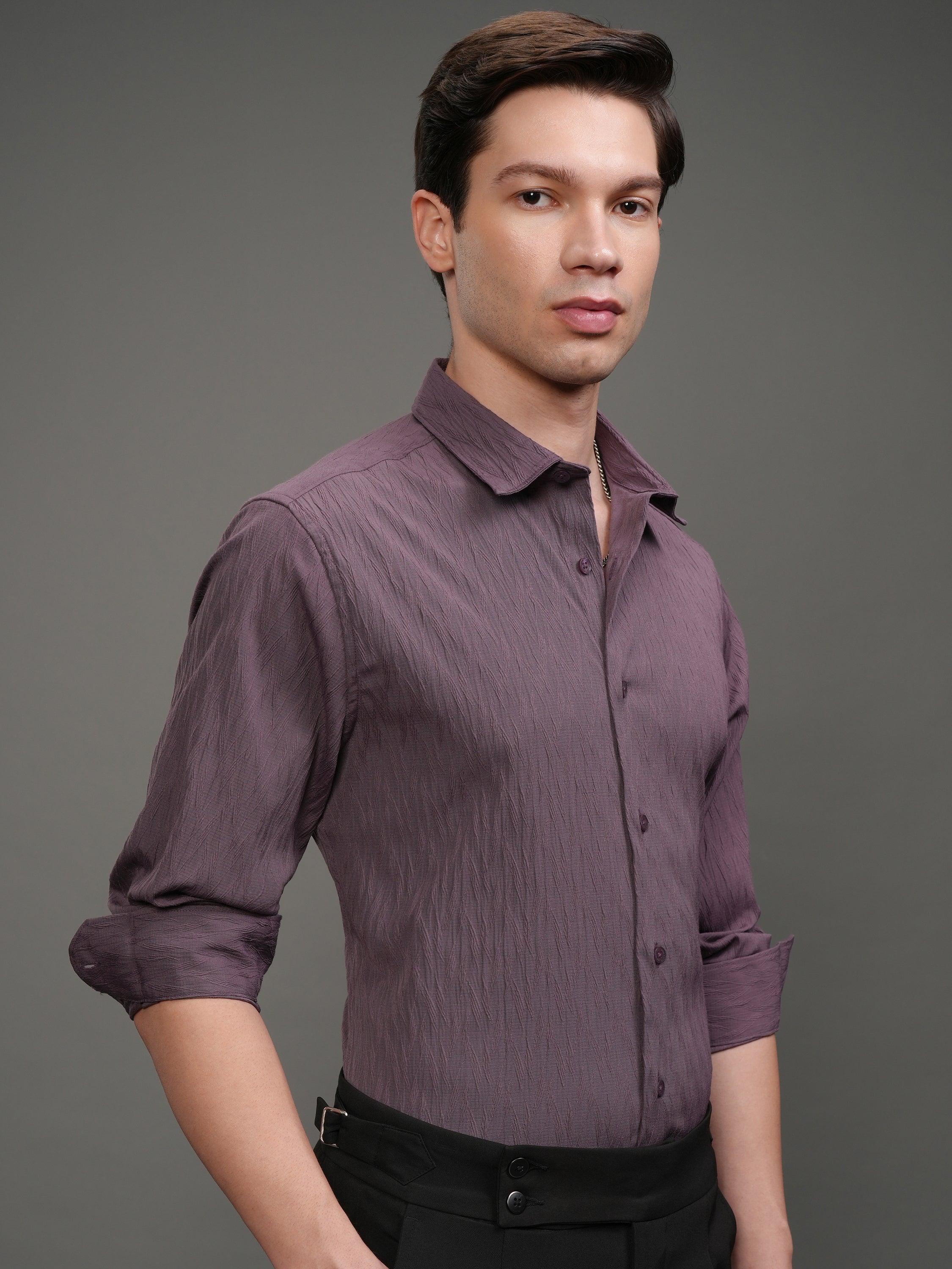 Highlander Men Purple Self Design Slim Fit Casual Shirt - Purple - Image 6